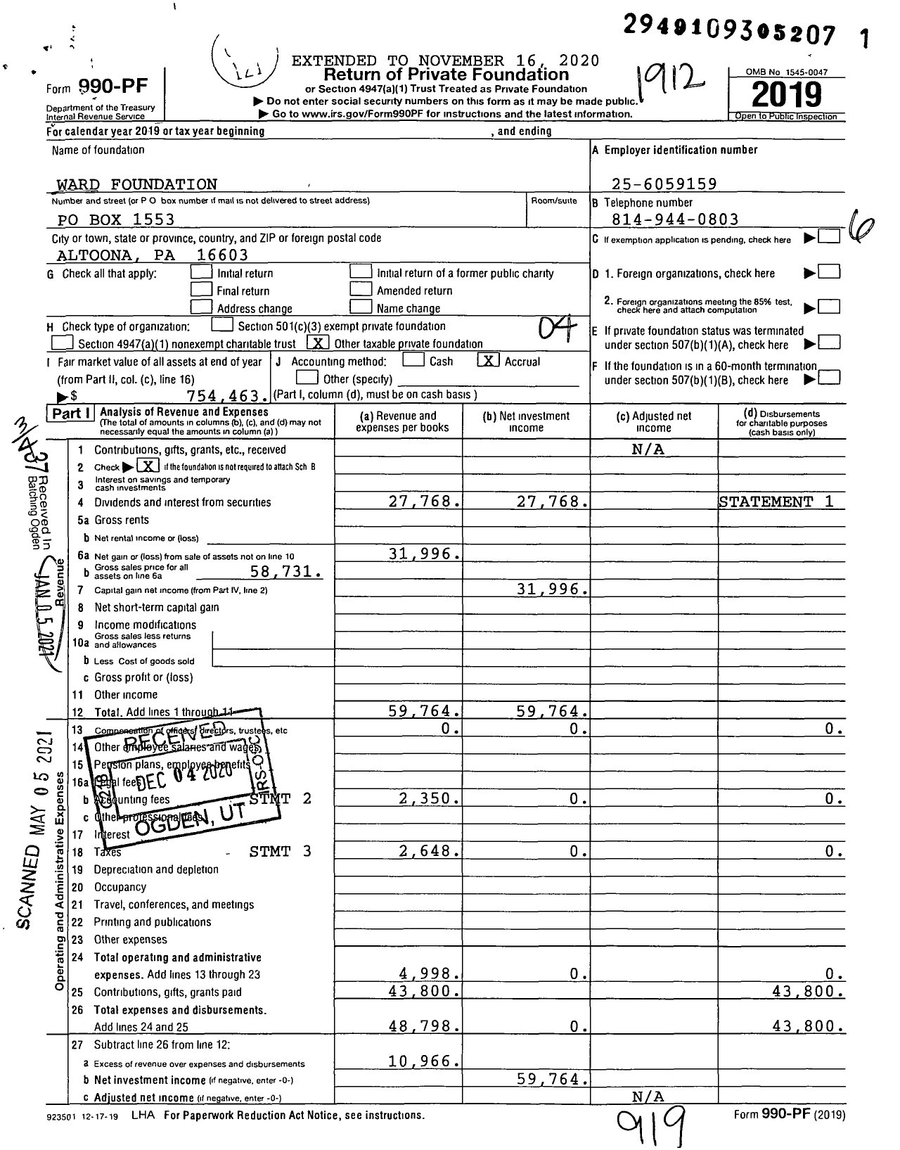 Image of first page of 2019 Form 990PF for Ward Foundation