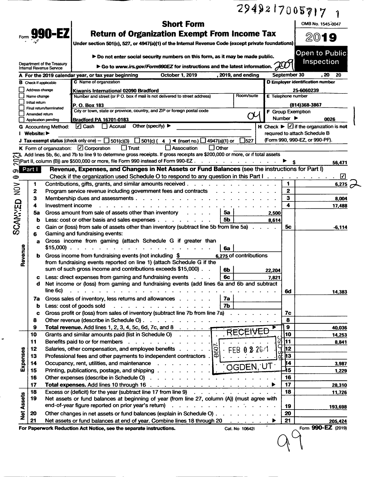 Image of first page of 2019 Form 990EO for Kiwanis International - K02090 Bradford