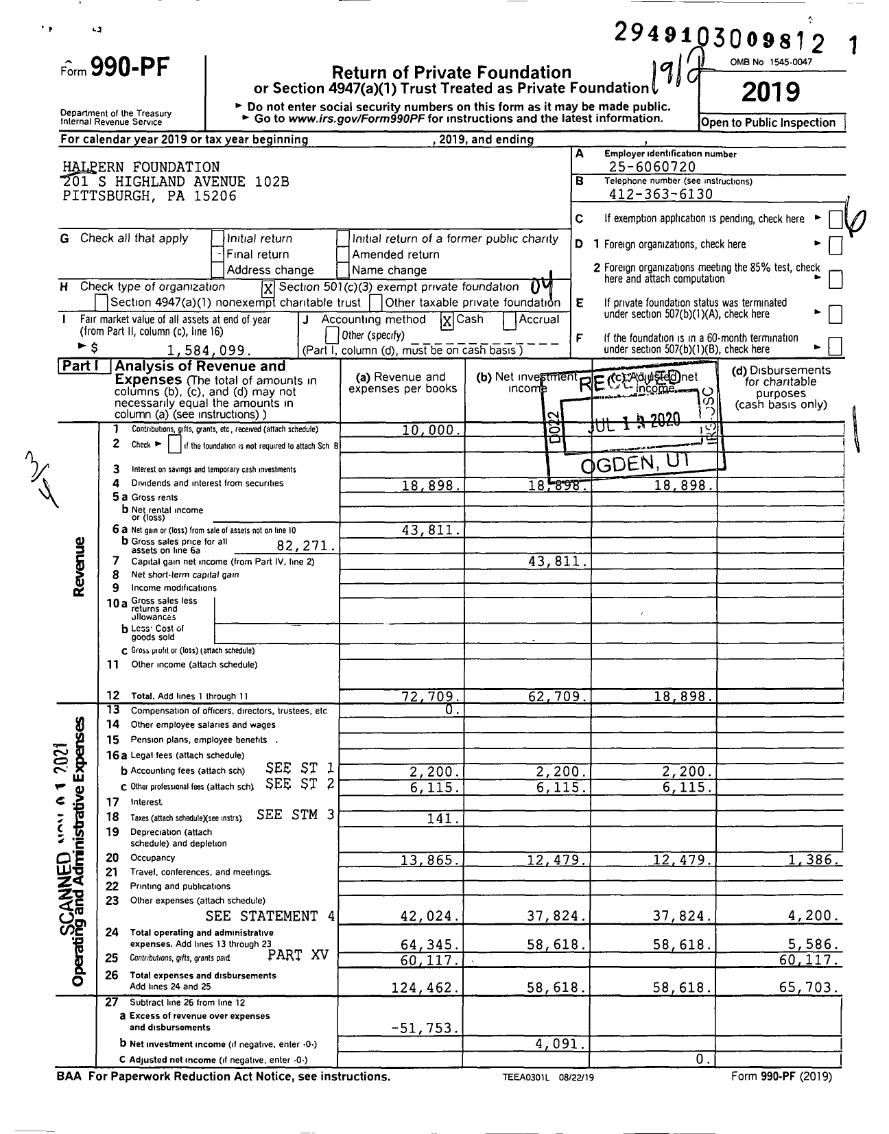 Image of first page of 2019 Form 990PF for Halpern Foundation