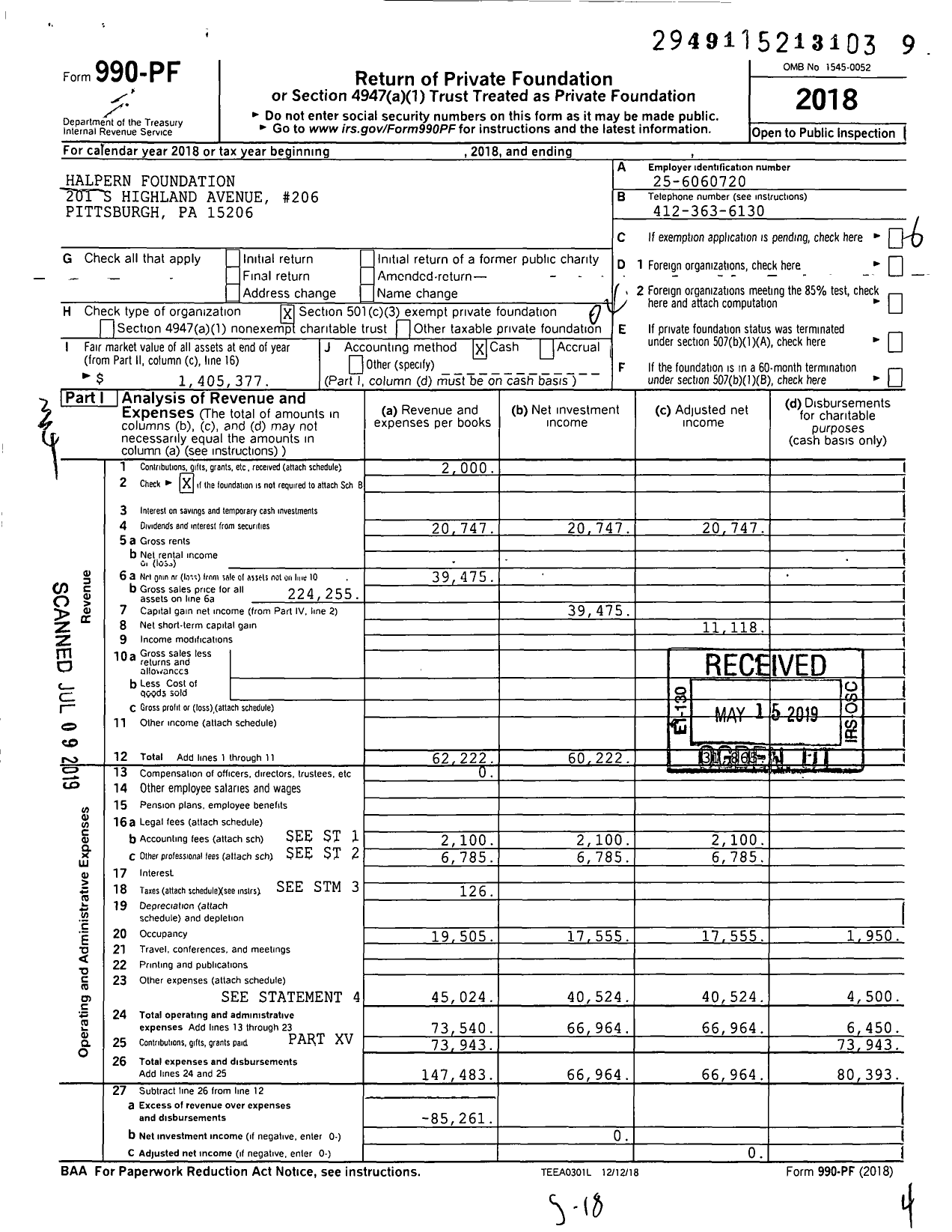 Image of first page of 2018 Form 990PF for Halpern Foundation