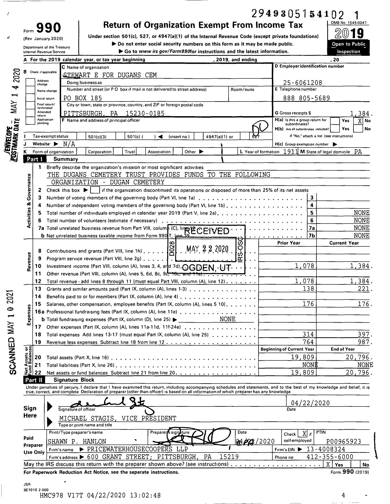 Image of first page of 2019 Form 990O for Stewart E for Dugans Cem