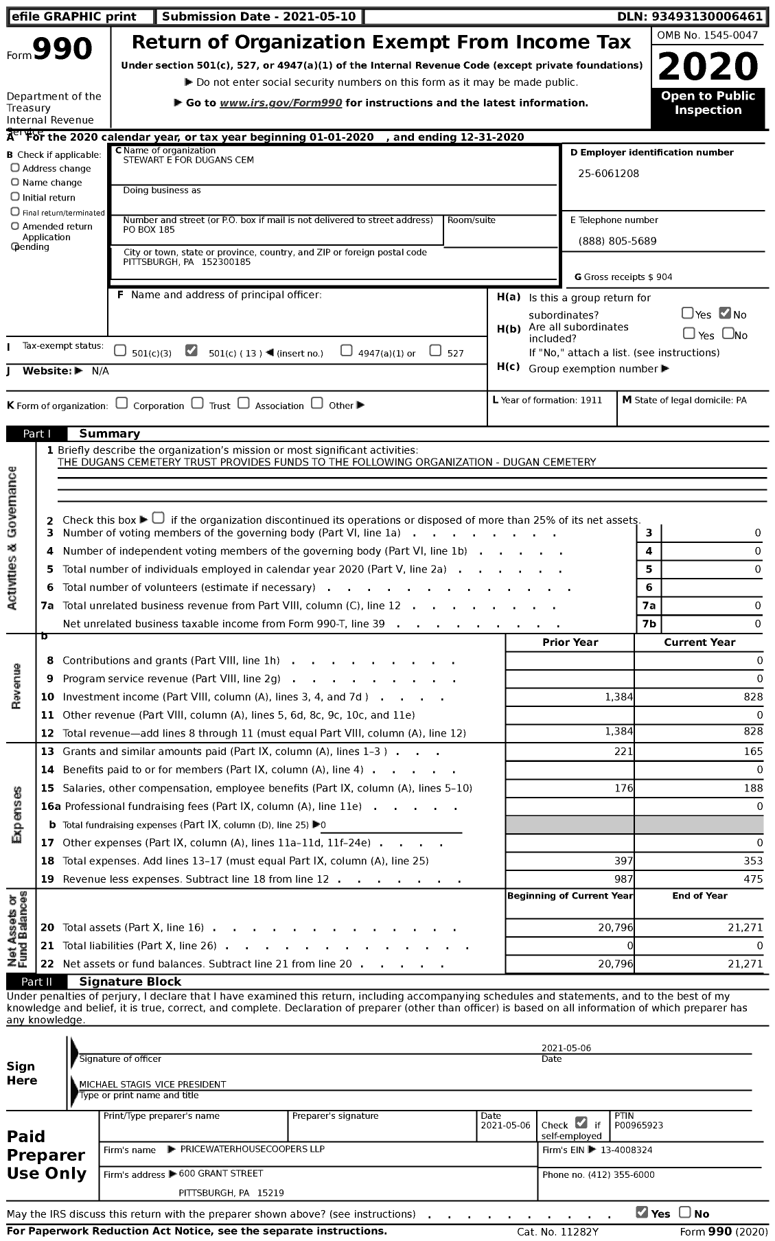 Image of first page of 2020 Form 990 for Stewart E for Dugans Cem