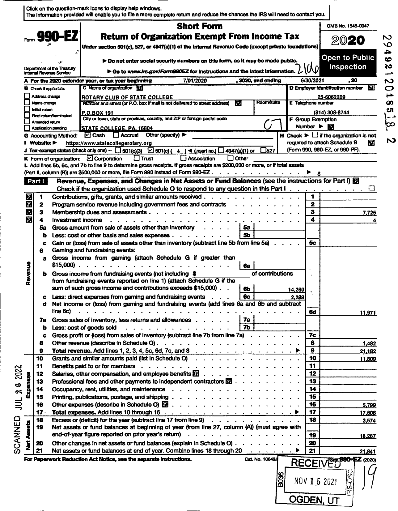 Image of first page of 2020 Form 990EO for Rotary International - State College Rotary Club