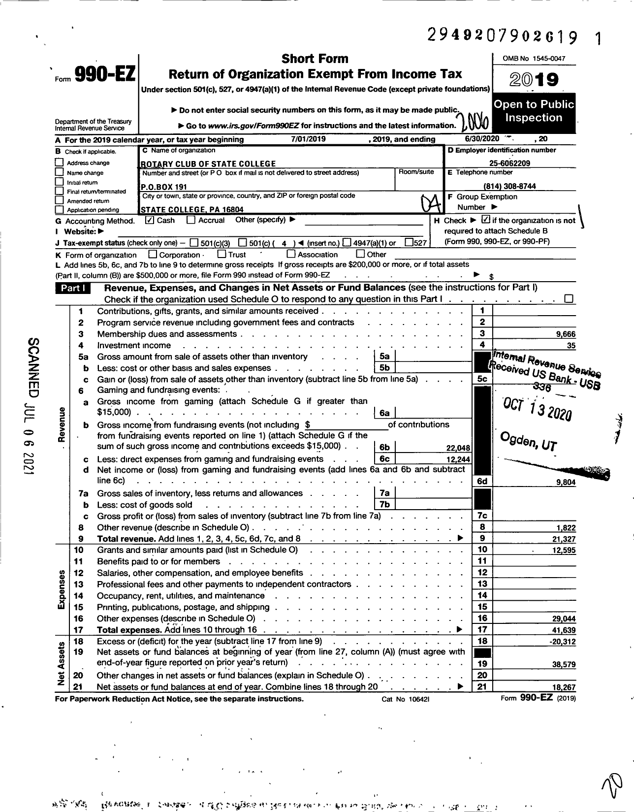 Image of first page of 2019 Form 990EO for Rotary International - State College Rotary Club