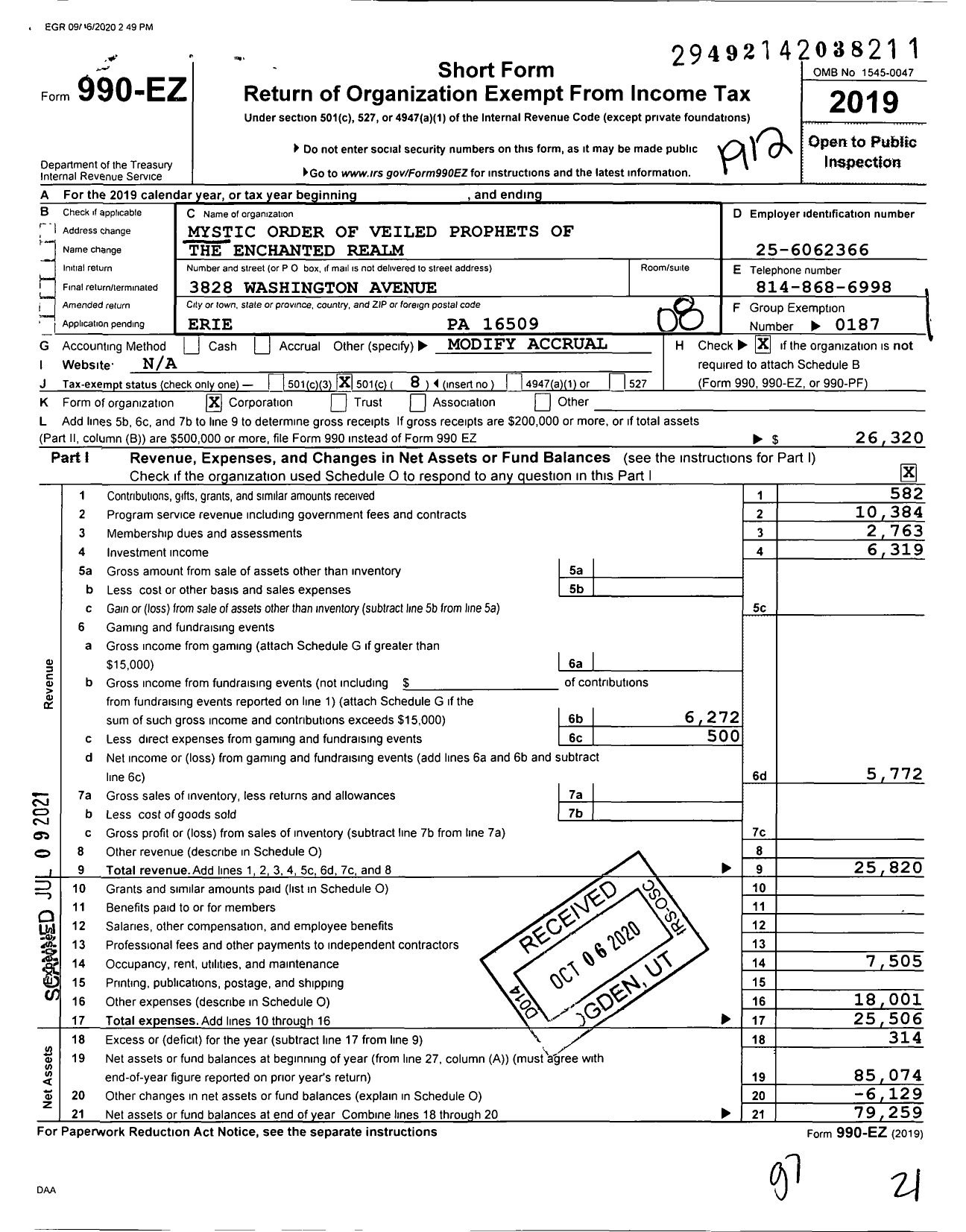 Image of first page of 2019 Form 990EO for Mystic Order of Veiled Prophets of Enchanted Realm / Erepa Grotto