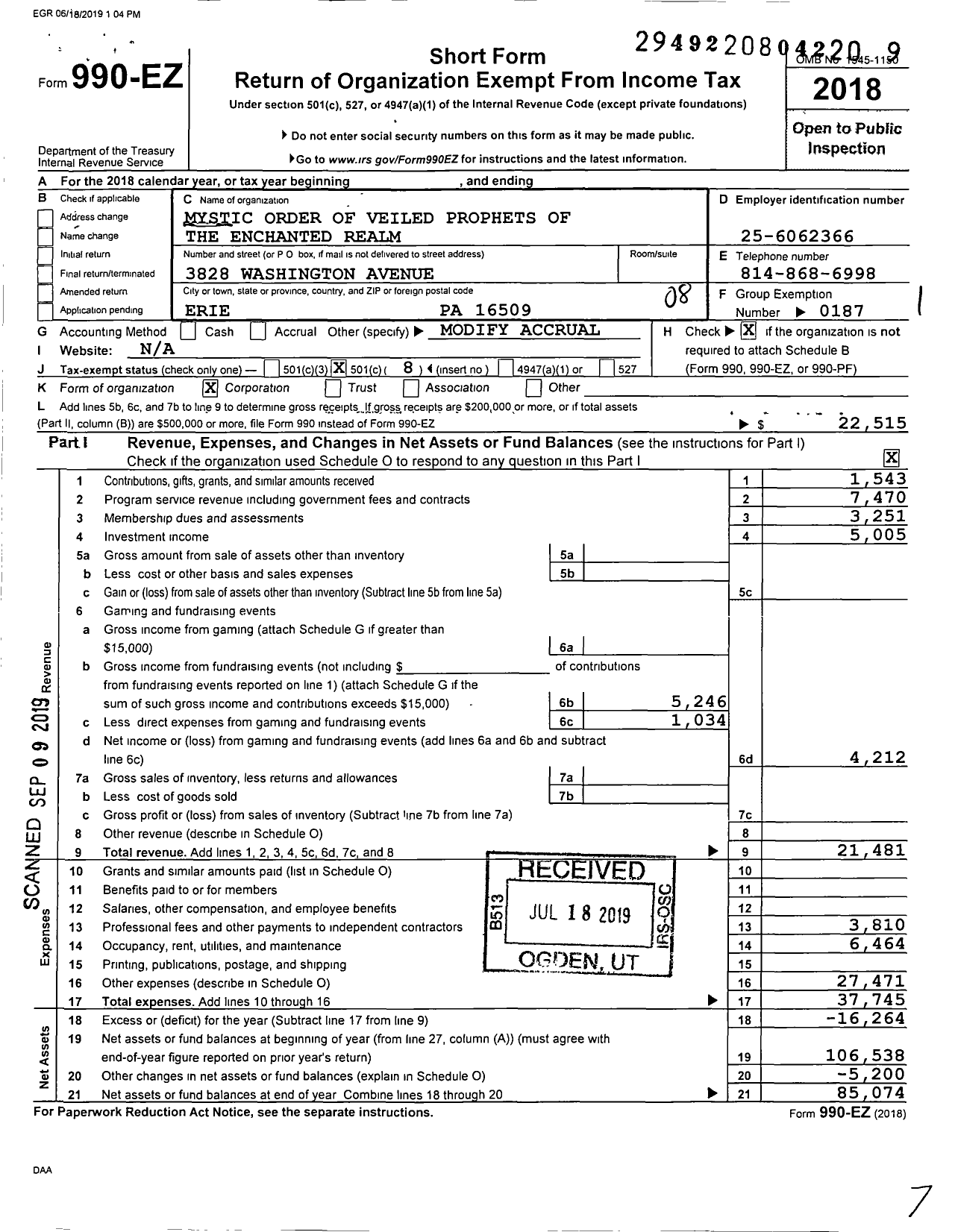 Image of first page of 2018 Form 990EO for Mystic Order of Veiled Prophets of Enchanted Realm / Erepa Grotto