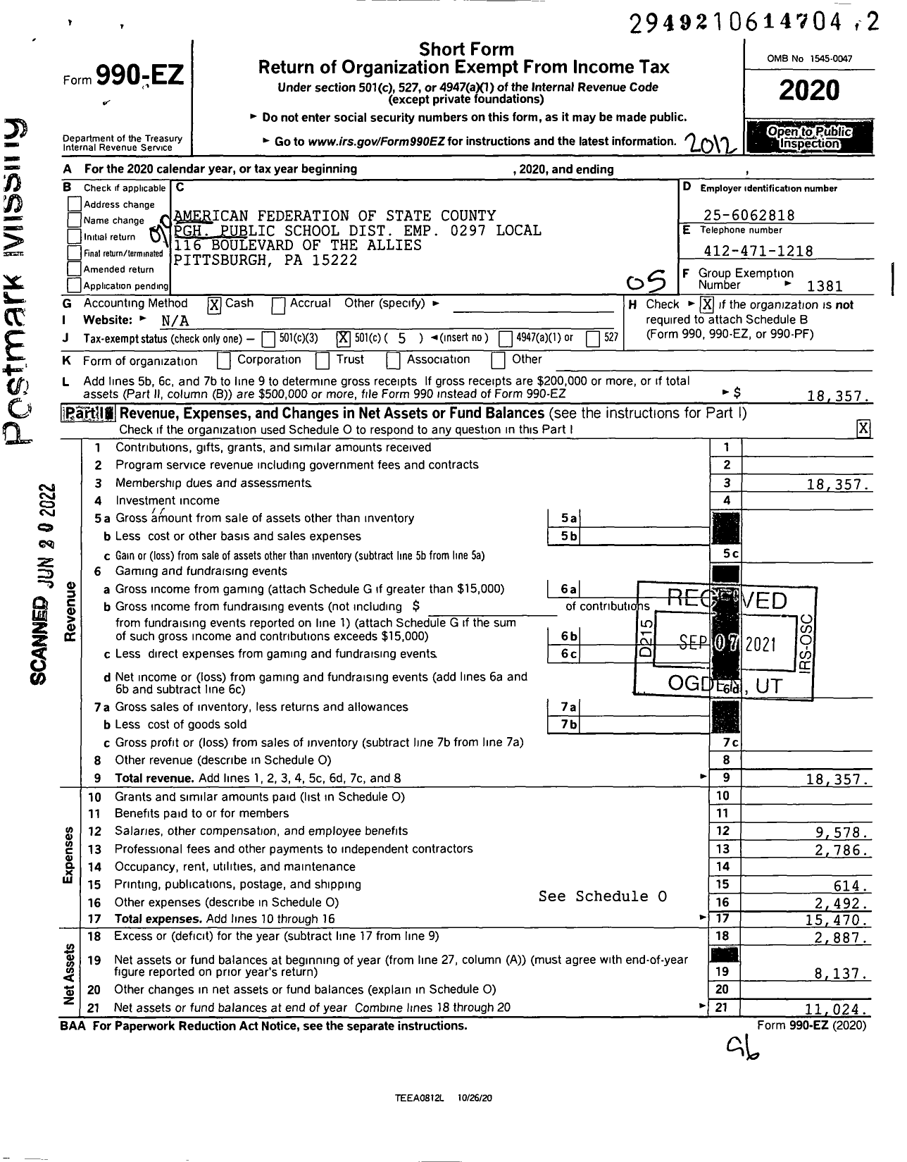 Image of first page of 2020 Form 990EO for American Federation of State County & Municipal Employees - L0297pa Pittsburgh Pub SCH Dist Emp