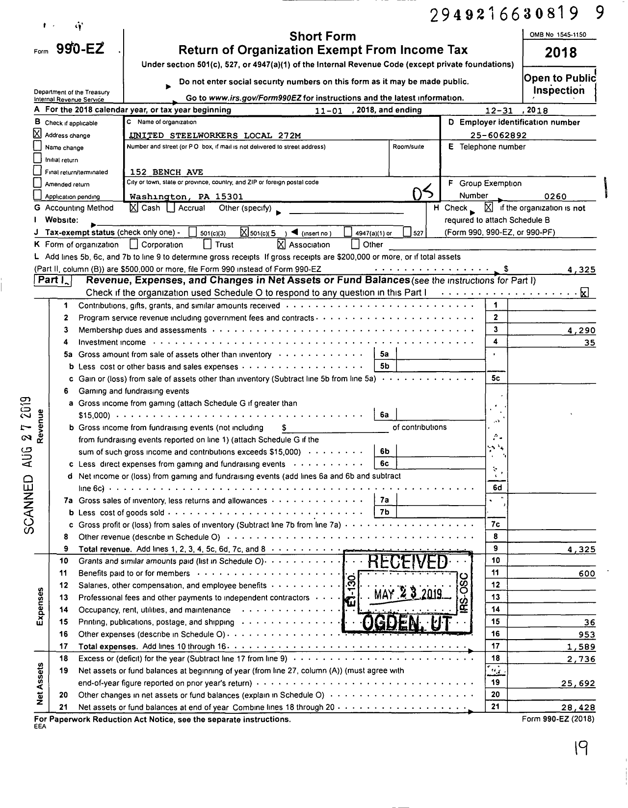 Image of first page of 2018 Form 990EO for United Steelworkers - 00272m Local