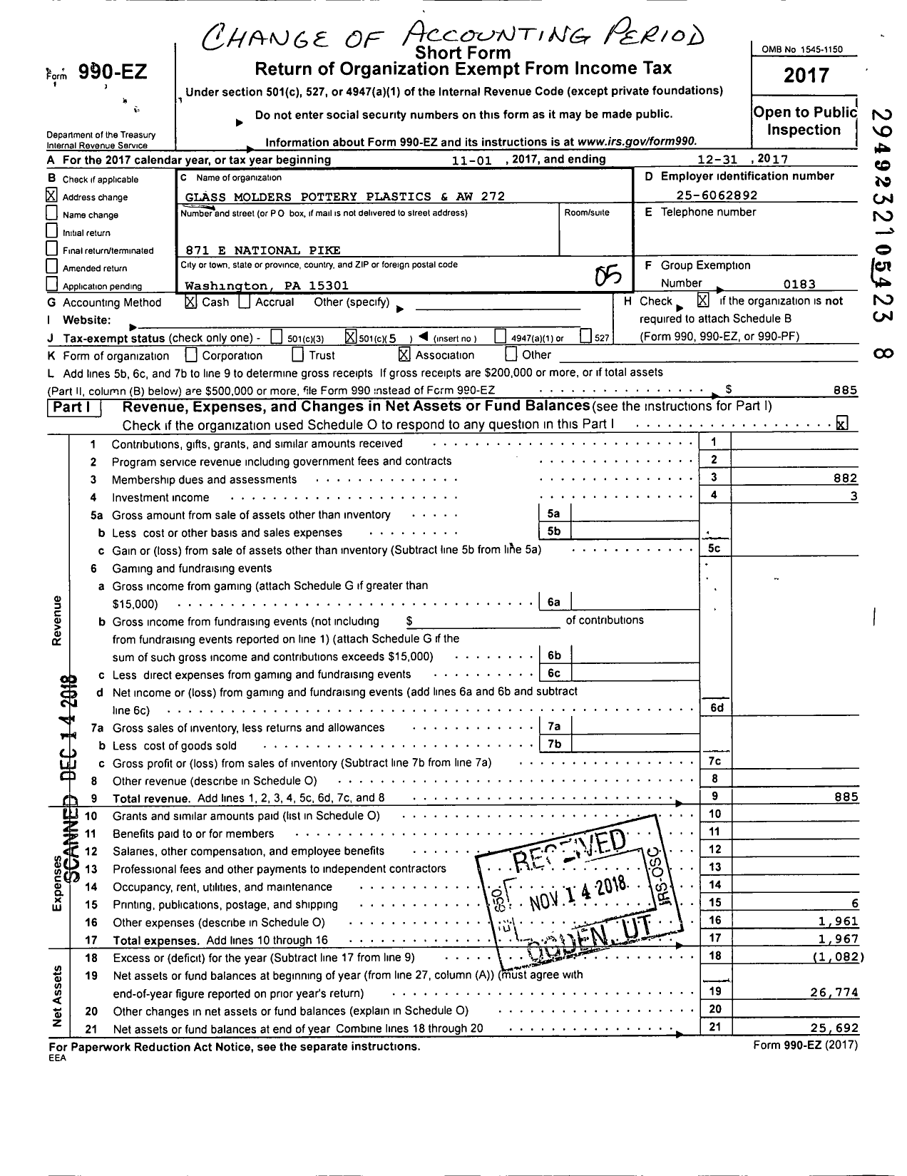 Image of first page of 2017 Form 990EO for United Steelworkers - 00272m Local