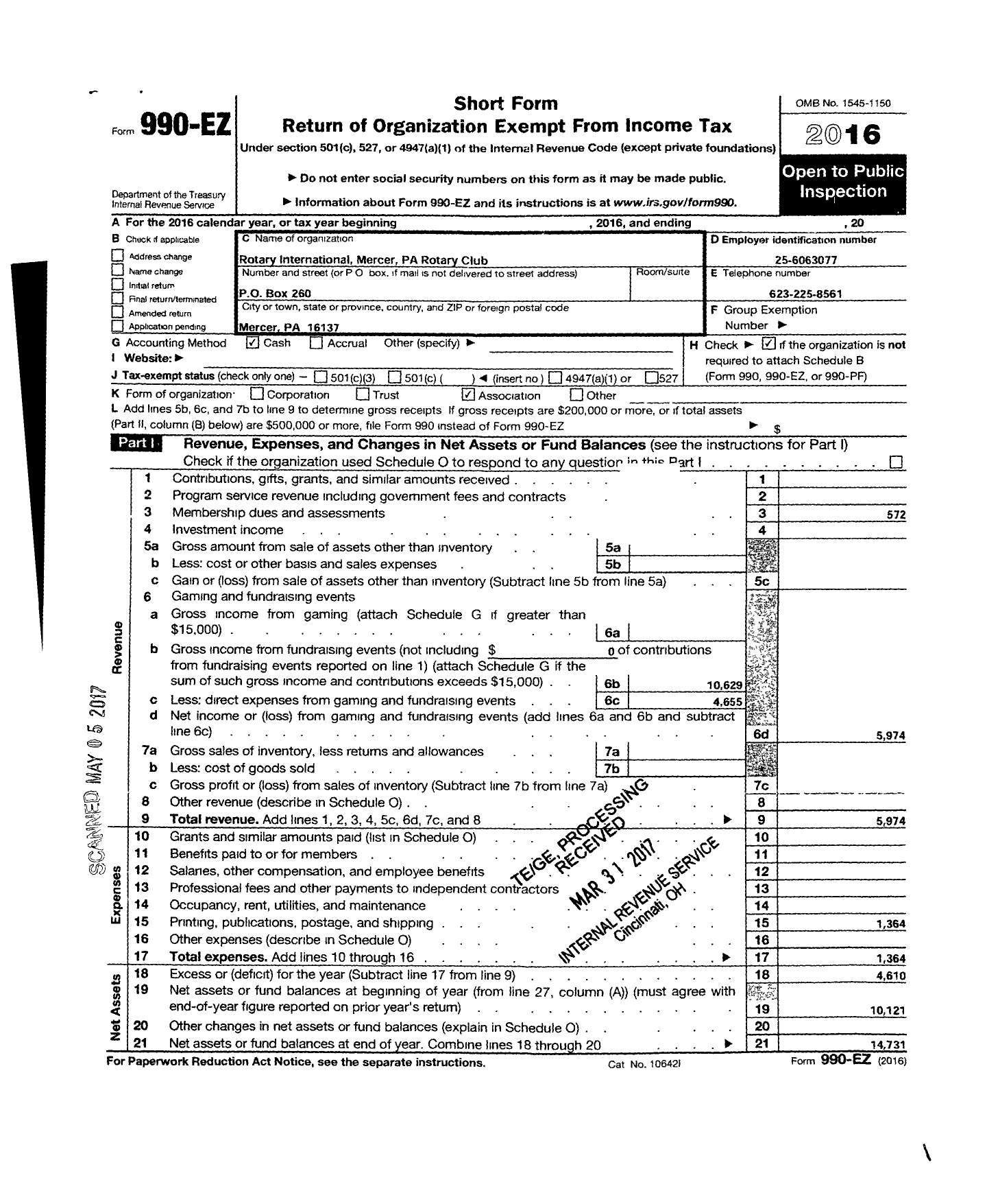 Image of first page of 2016 Form 990EO for Rotary International - Mercer