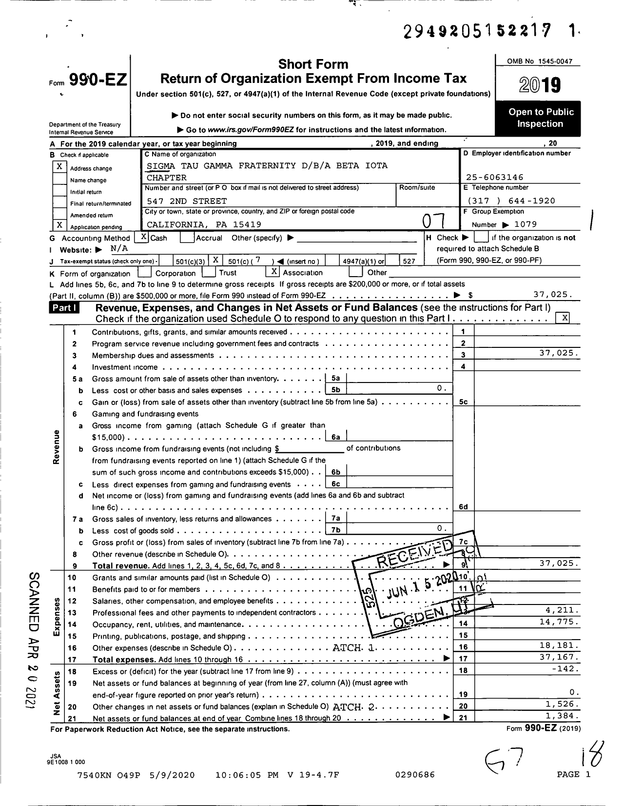 Image of first page of 2019 Form 990EO for Beta Iota