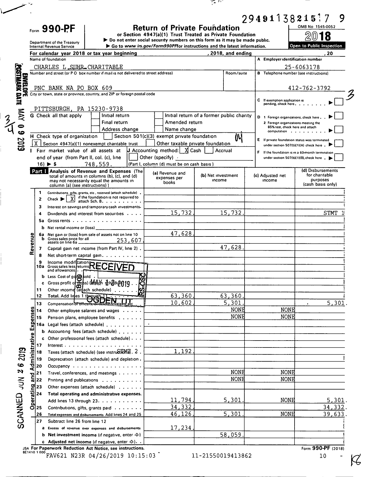 Image of first page of 2018 Form 990PF for Charles L Suhr Charitable Trust