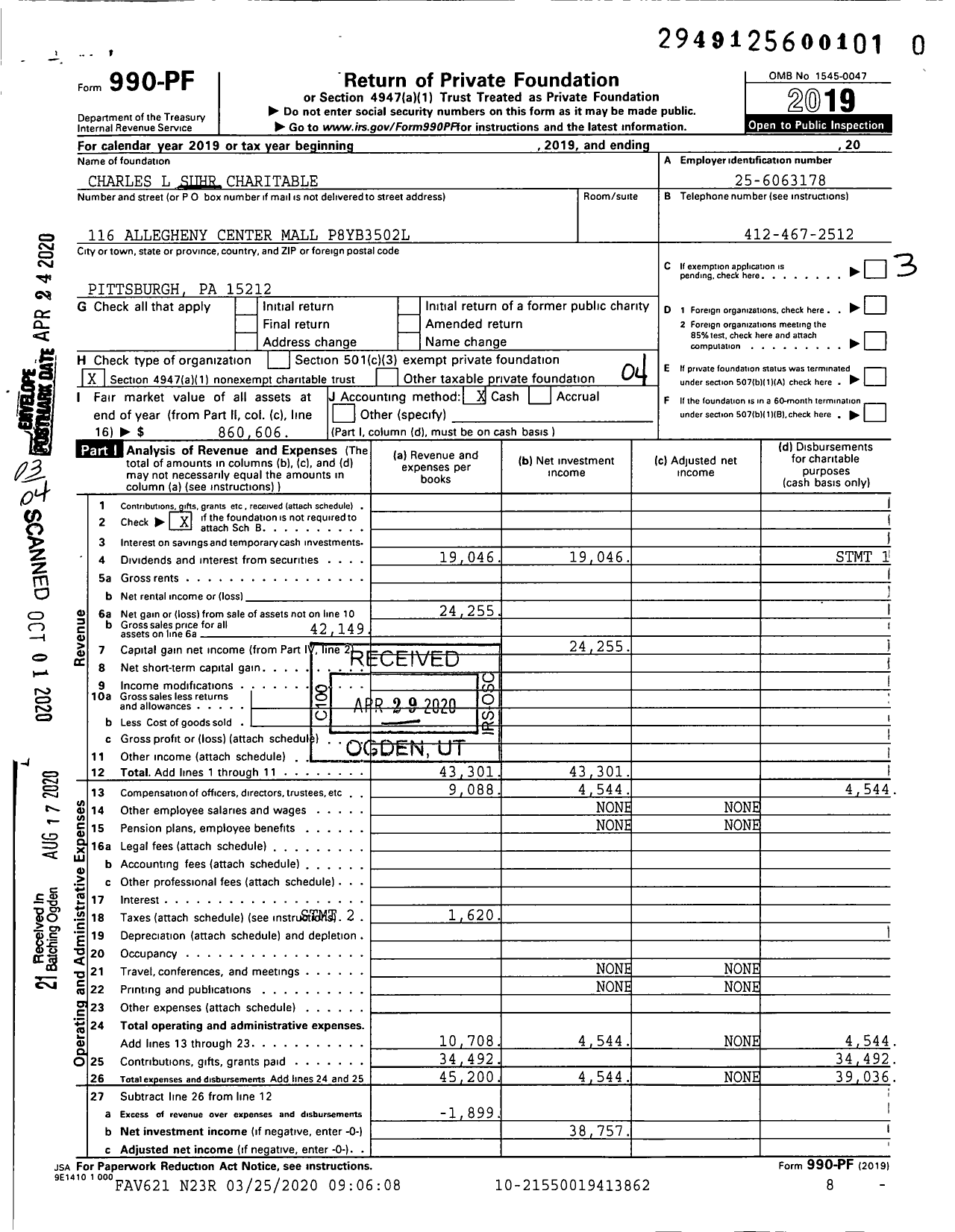 Image of first page of 2019 Form 990PR for Charles L Suhr Charitable Trust