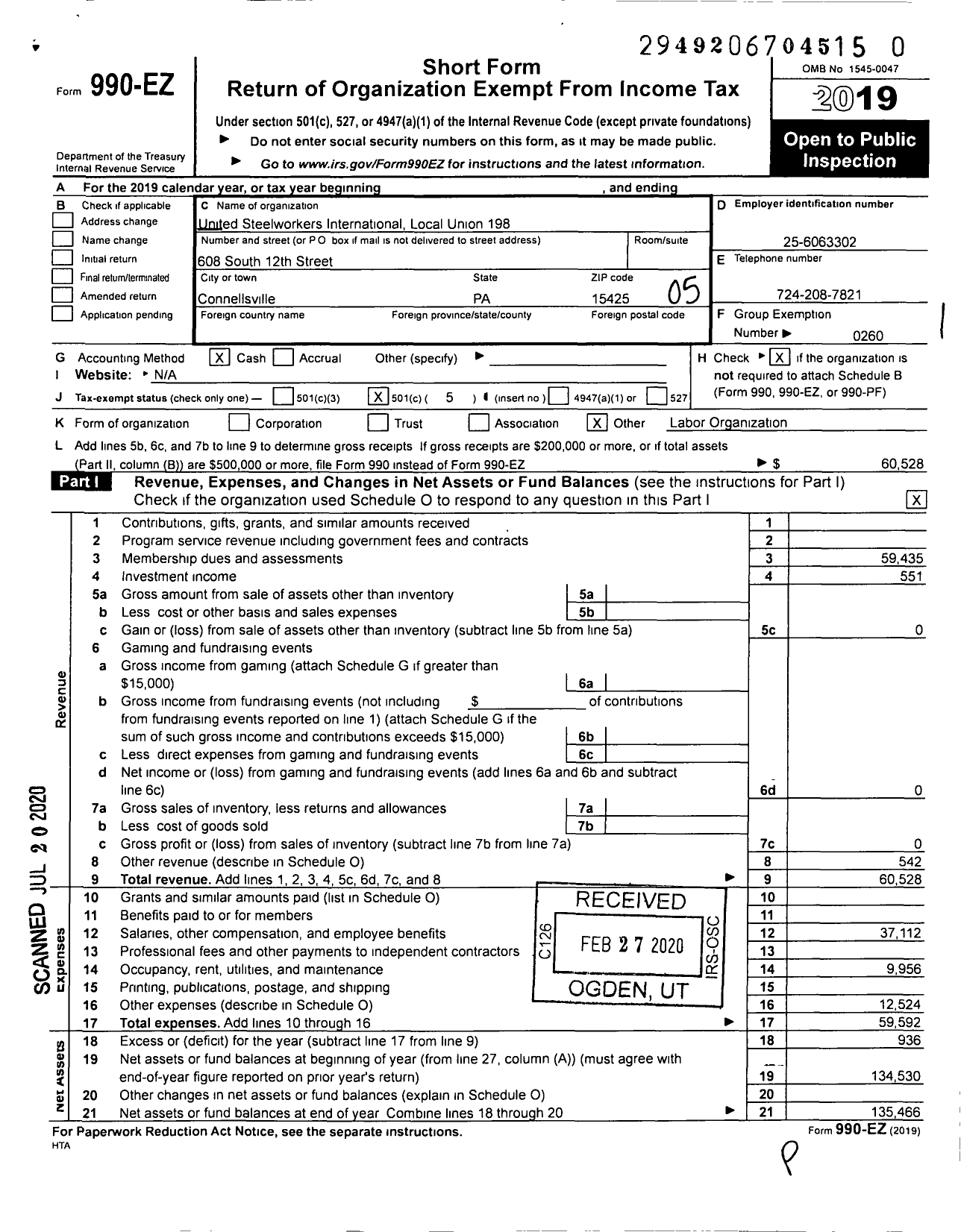 Image of first page of 2019 Form 990EO for United Steelworkers - 00198 Local