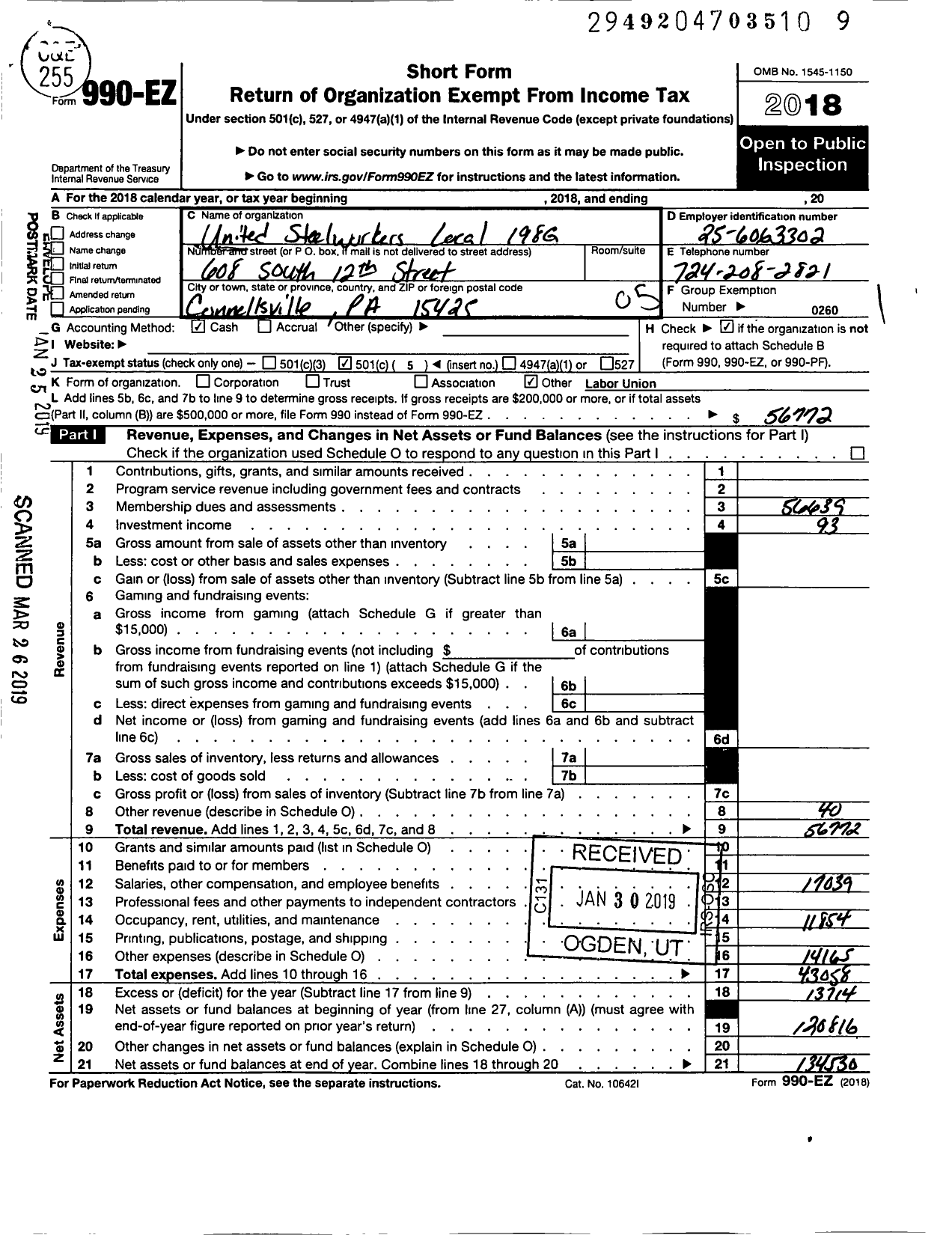 Image of first page of 2018 Form 990EO for United Steelworkers - 00198 Local