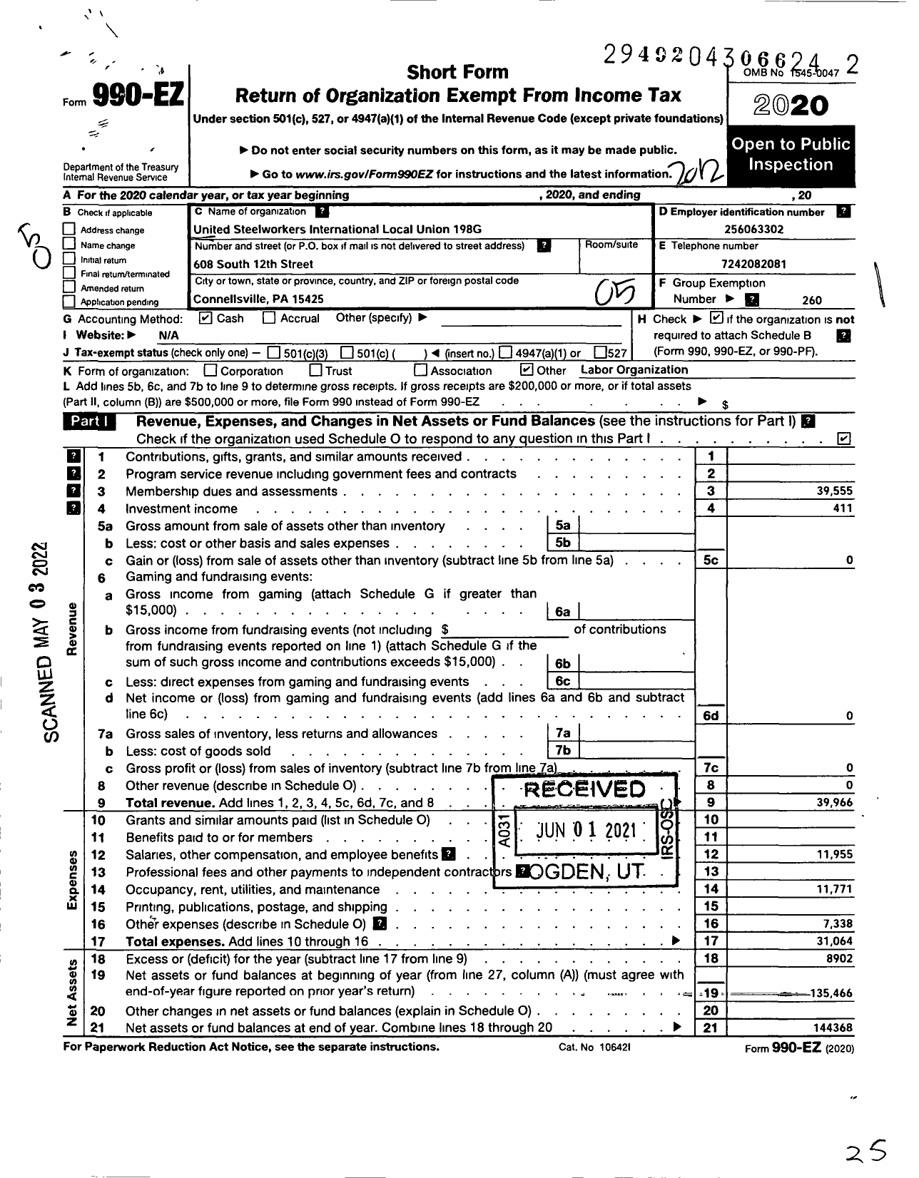 Image of first page of 2020 Form 990EO for United Steelworkers - 00198 Local