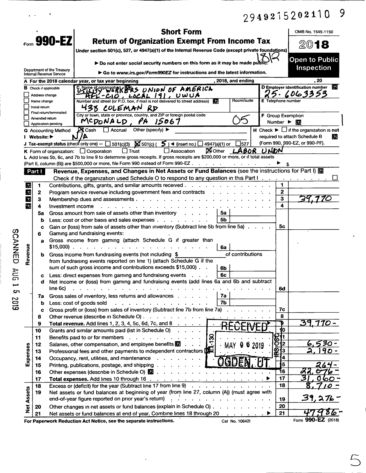 Image of first page of 2018 Form 990EO for Utility Workers Union of America - 191 Uwua (191 Uwua)