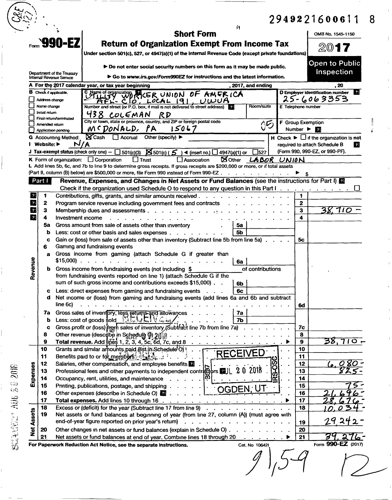 Image of first page of 2017 Form 990EO for Utility Workers Union of America - 191 Uwua (191 Uwua)