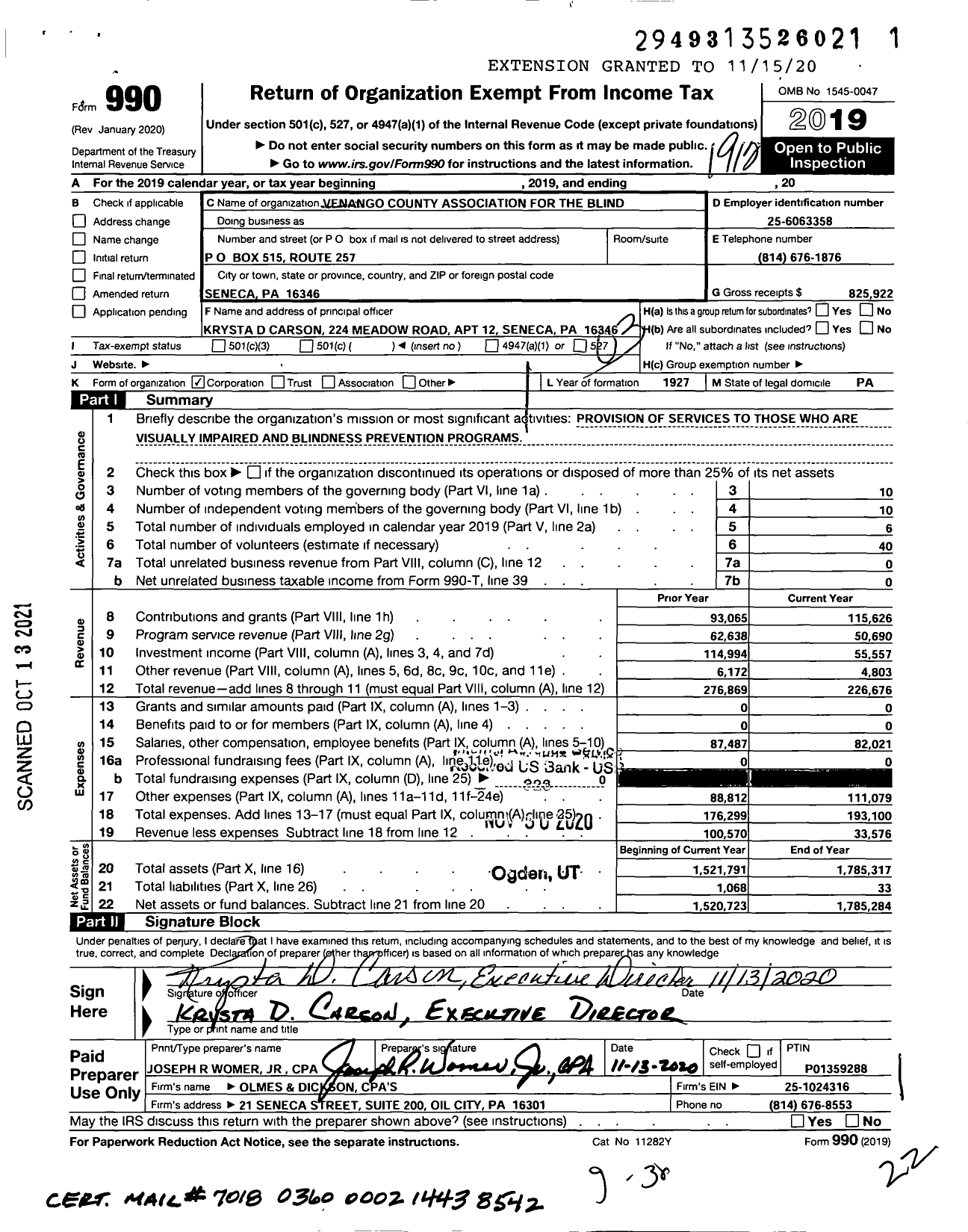 Image of first page of 2019 Form 990 for Venango County Association for the Blind