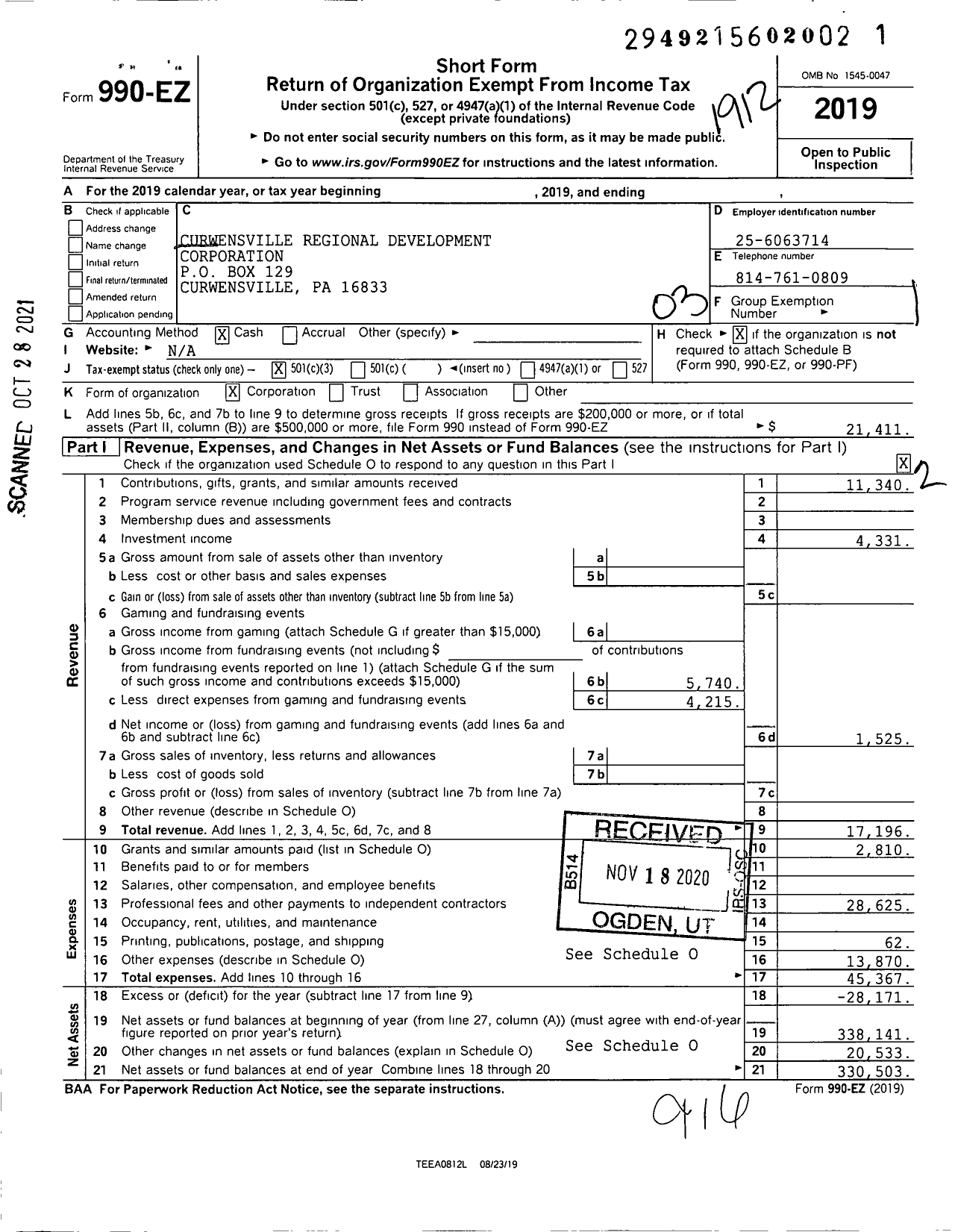 Image of first page of 2019 Form 990EZ for Curwensville Regional Development Corporation