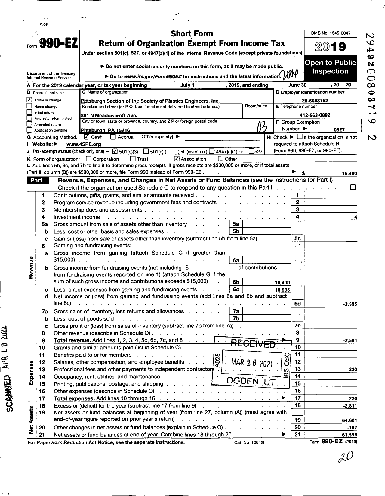 Image of first page of 2019 Form 990EZ for SOCIETY OF PLASTICS ENGINEERS - 29 Pittsburgh Section