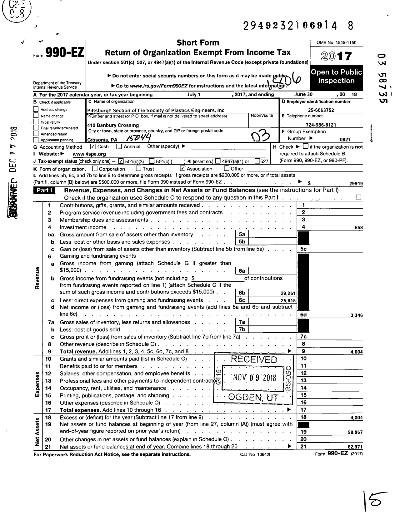 Image of first page of 2017 Form 990EZ for SOCIETY OF PLASTICS ENGINEERS - 29 Pittsburgh Section