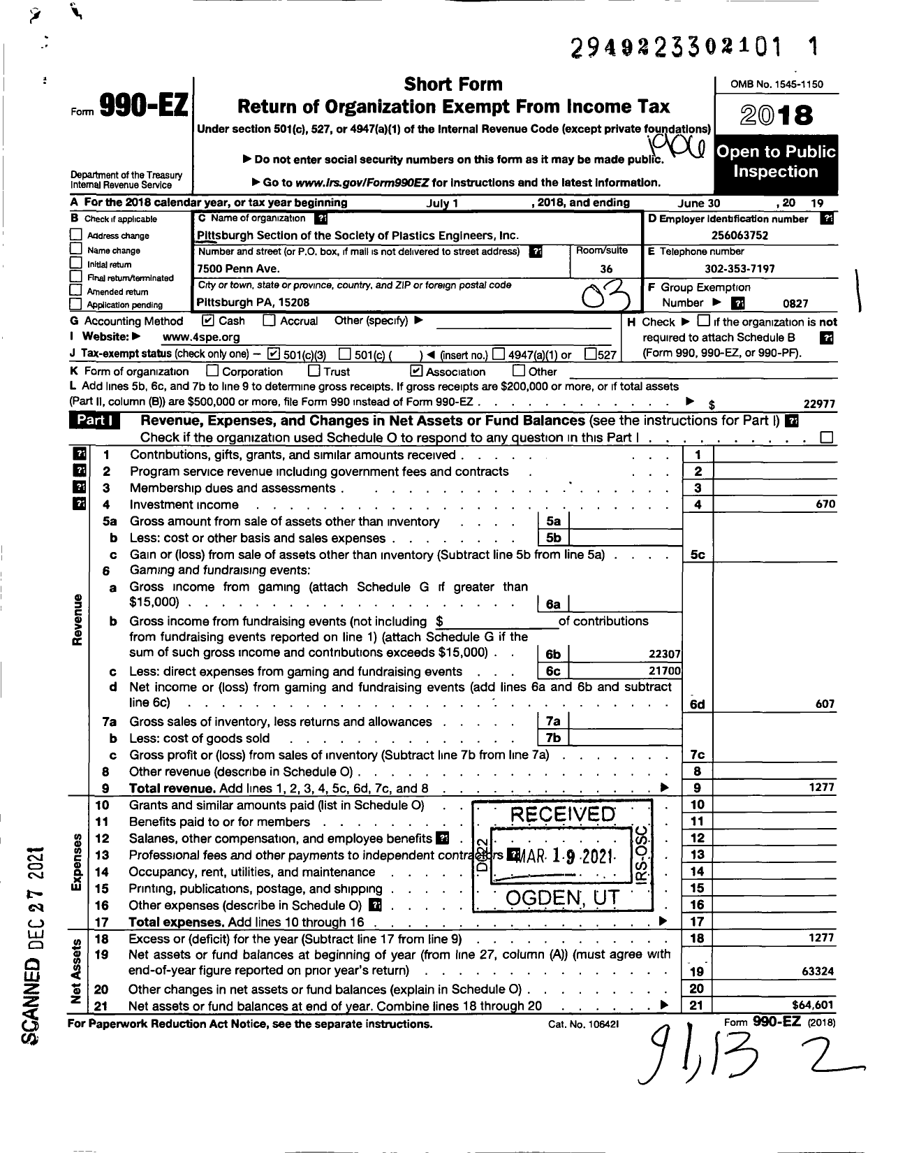 Image of first page of 2018 Form 990EZ for SOCIETY OF PLASTICS ENGINEERS - 29 Pittsburgh Section