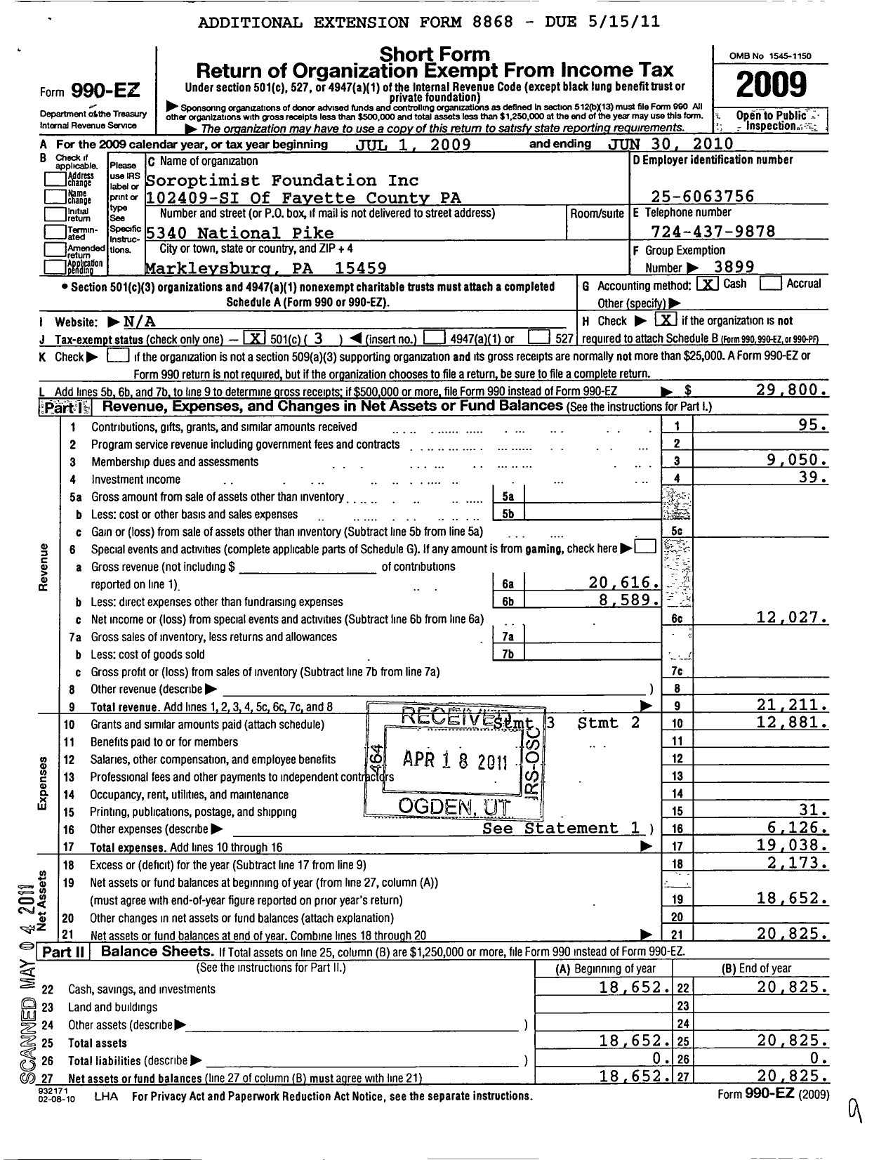 Image of first page of 2009 Form 990EZ for Soroptimist International of the Americas - 102409 Fayette County Pa