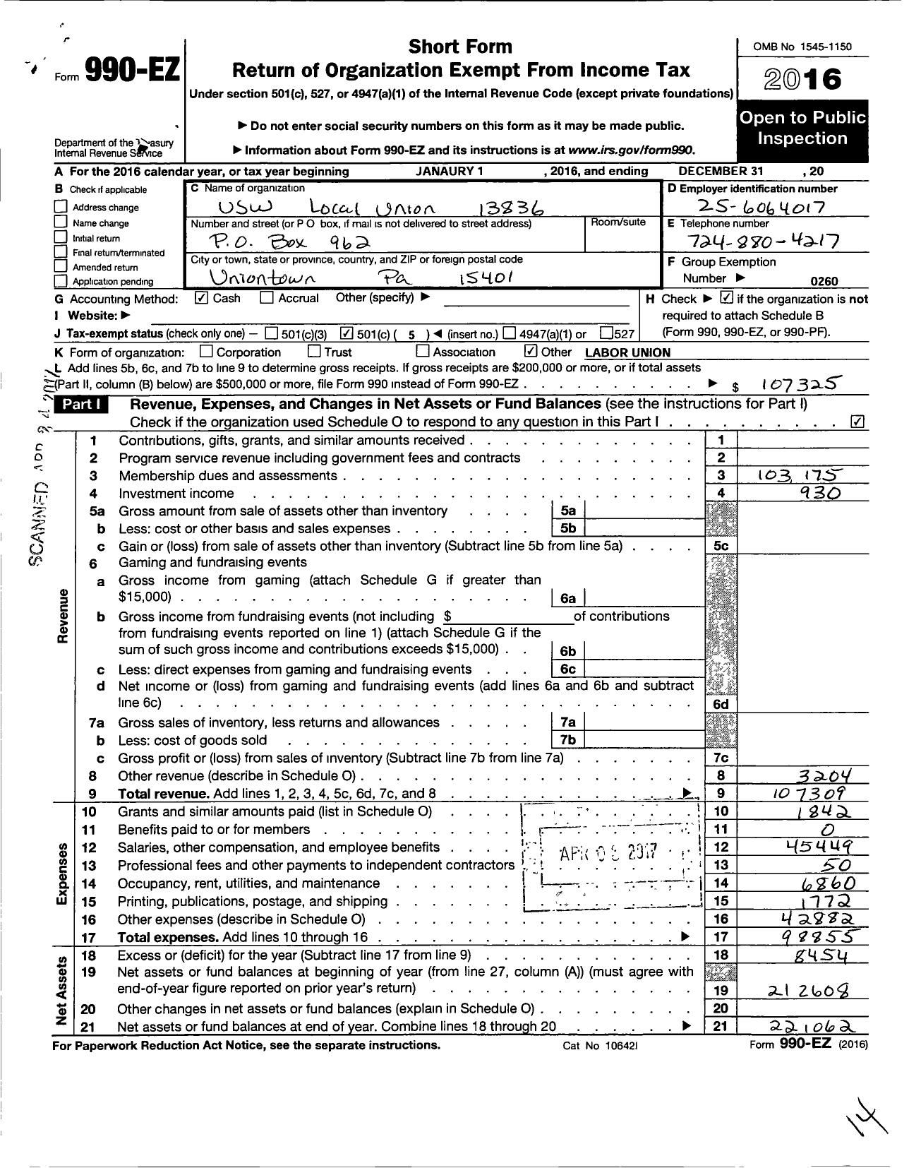 Image of first page of 2016 Form 990EO for United Steelworkers - 13836 Local District 10