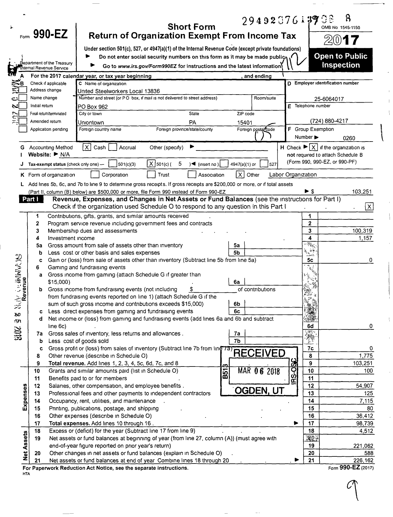 Image of first page of 2017 Form 990EO for United Steelworkers - 13836 Local District 10
