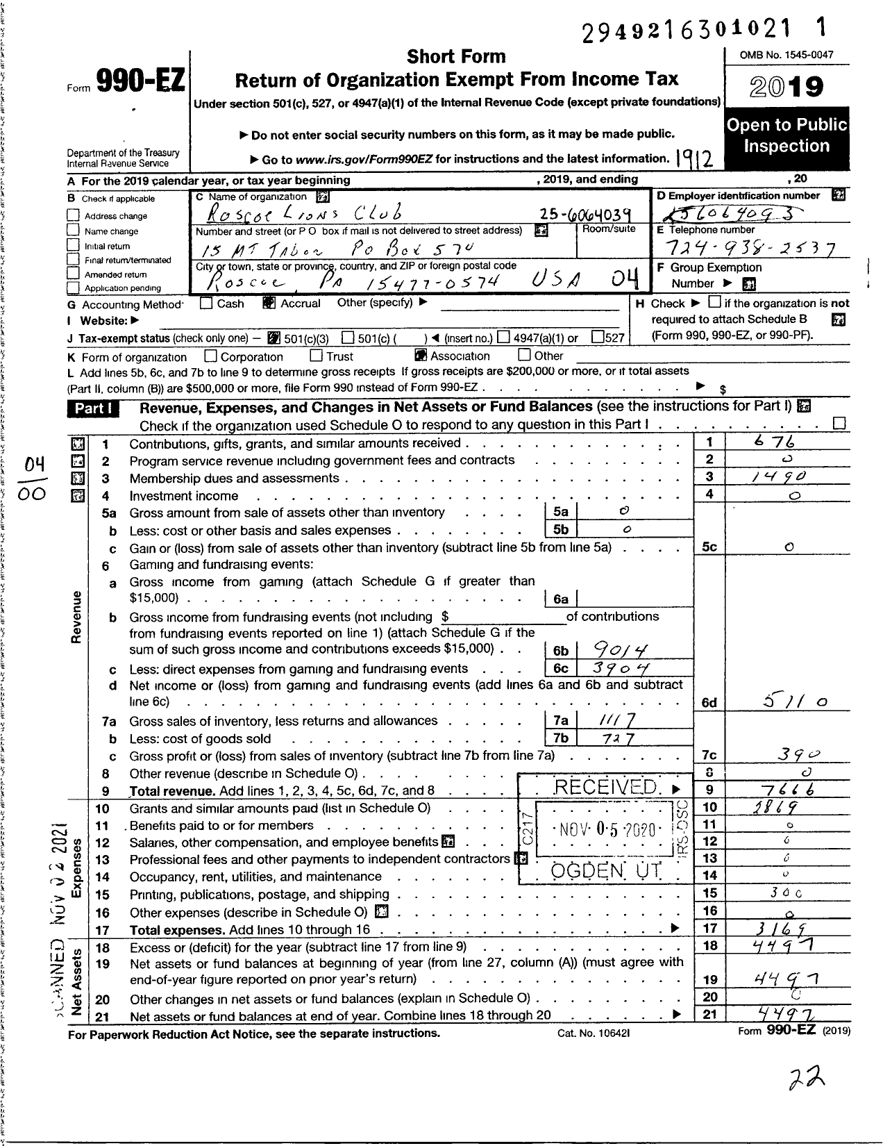 Image of first page of 2019 Form 990EO for Lions Clubs - 6318 Roscoe