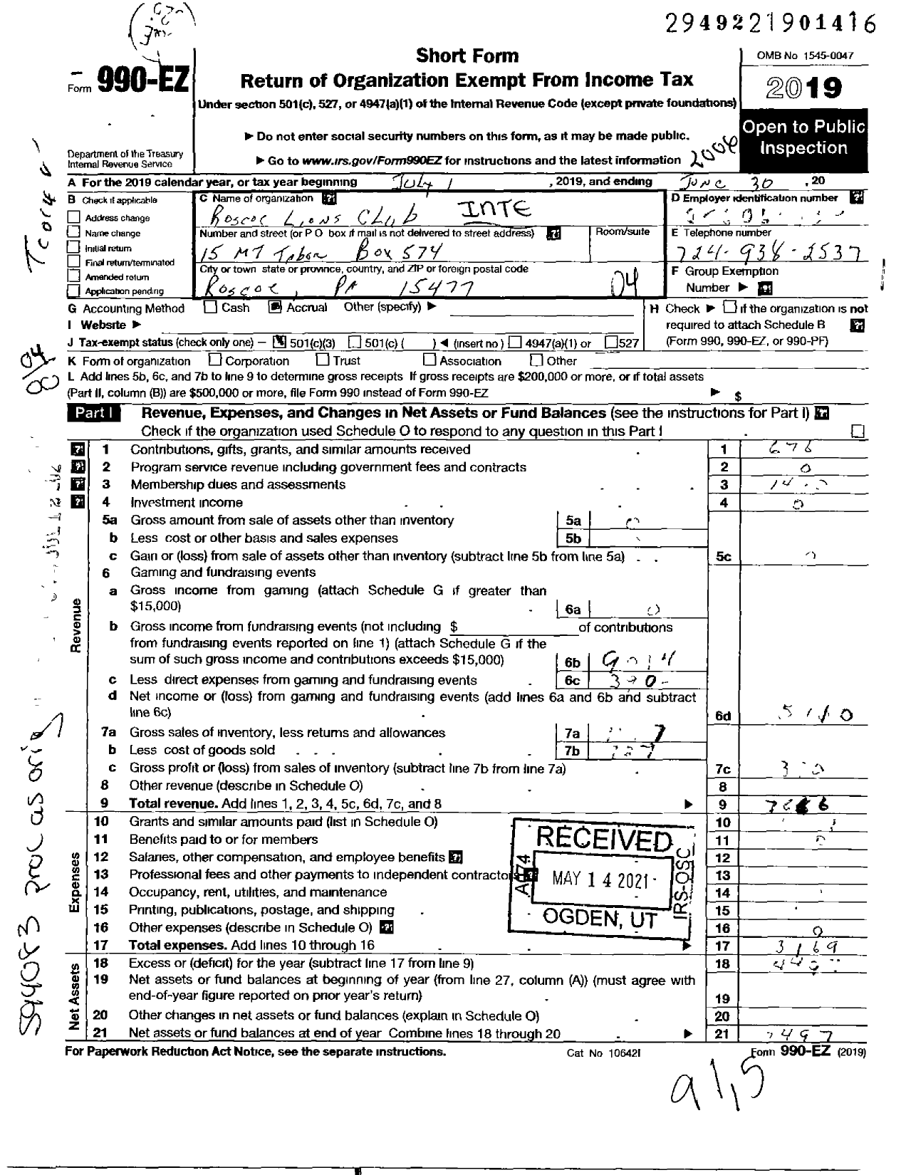 Image of first page of 2019 Form 990EO for Lions Clubs - 6318 Roscoe