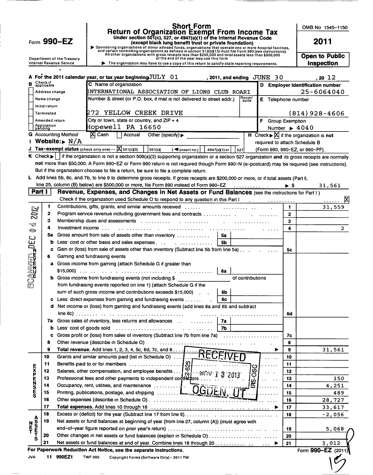 Image of first page of 2011 Form 990EZ for Lions Clubs - International Association of L