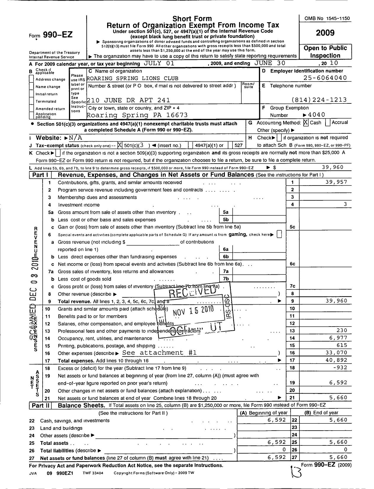 Image of first page of 2009 Form 990EZ for Lions Clubs - International Association of L