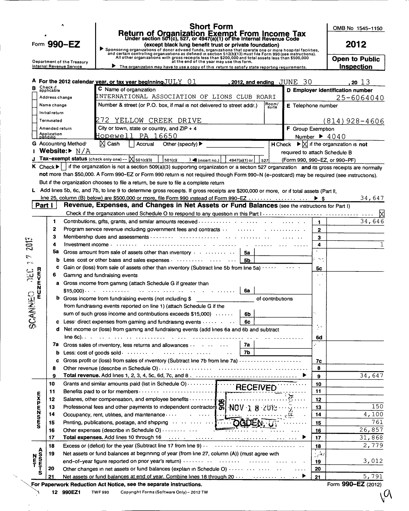 Image of first page of 2012 Form 990EZ for Lions Clubs - International Association of L