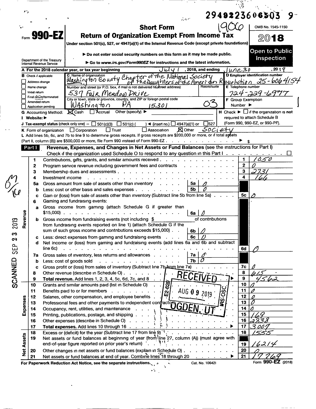 Image of first page of 2018 Form 990EZ for Daughters of the American Revolution - Washington County Dar