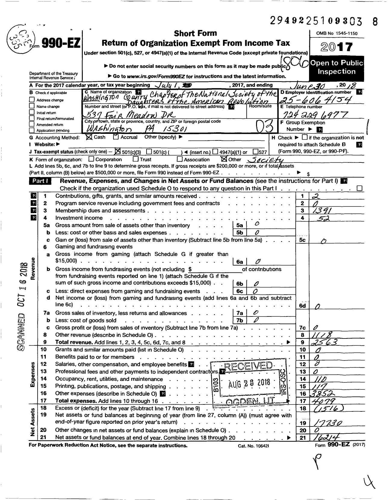 Image of first page of 2017 Form 990EZ for Daughters of the American Revolution - Washington County Dar