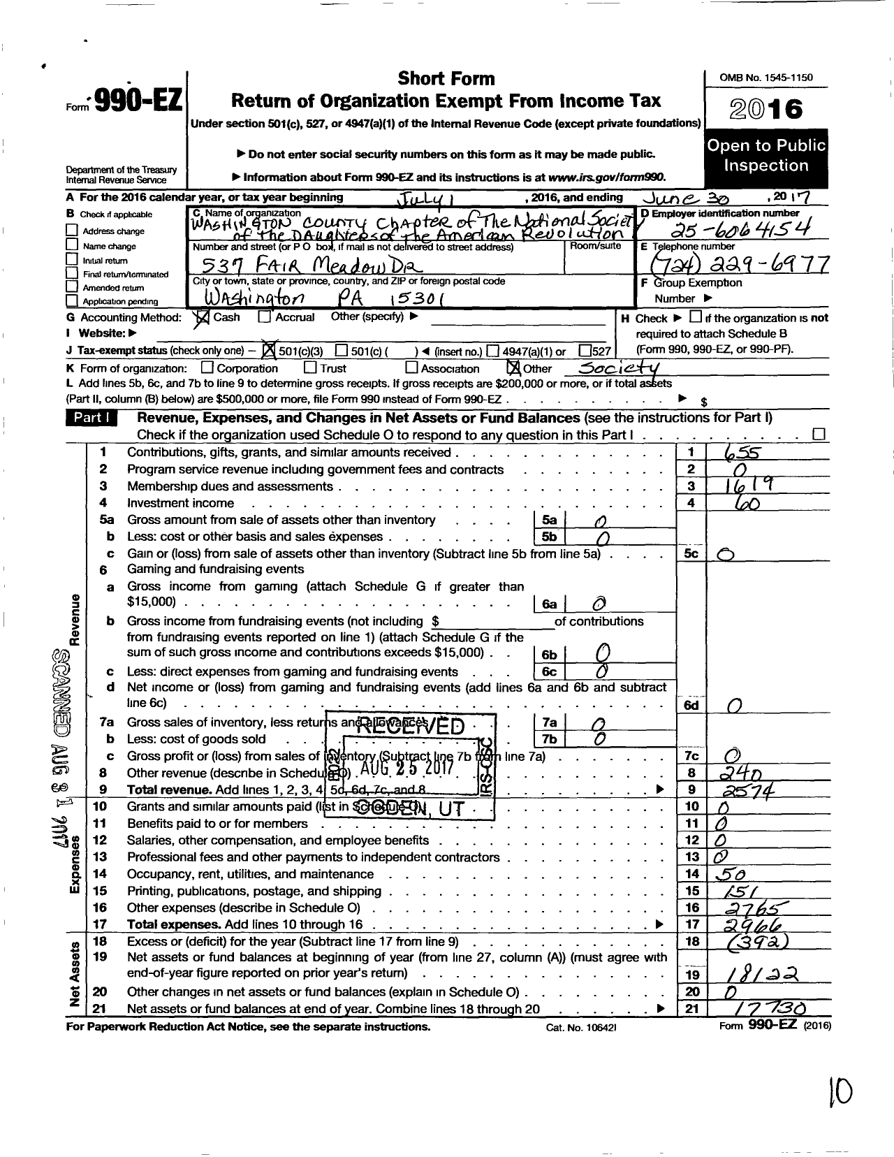 Image of first page of 2016 Form 990EZ for Daughters of the American Revolution - Washington County Dar