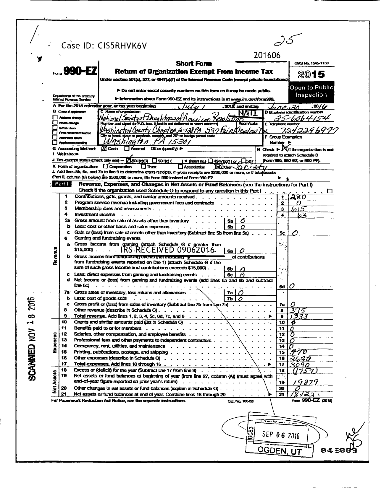 Image of first page of 2015 Form 990EZ for Daughters of the American Revolution - Washington County Dar