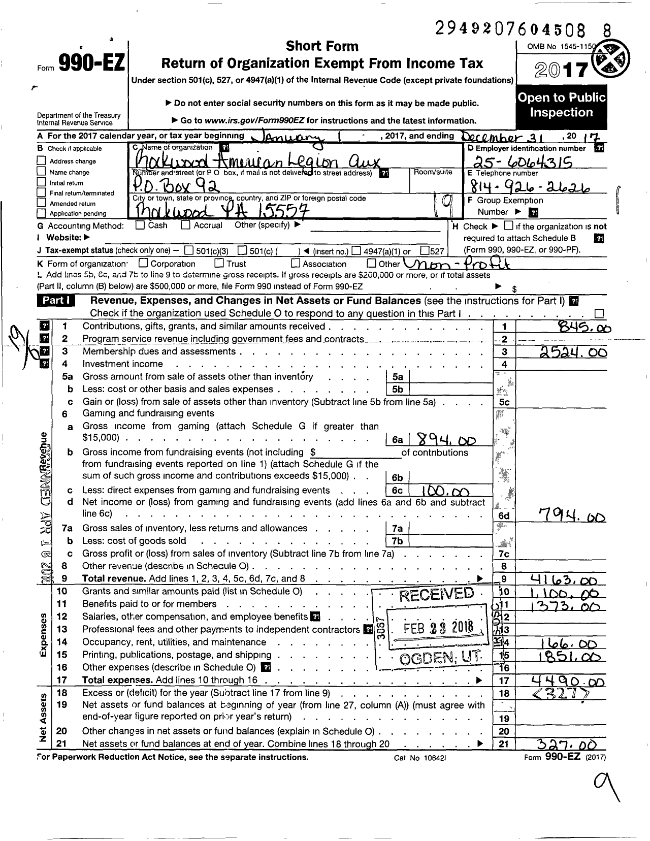 Image of first page of 2017 Form 990EO for American Legion Auxiliary - 279 Rockwood