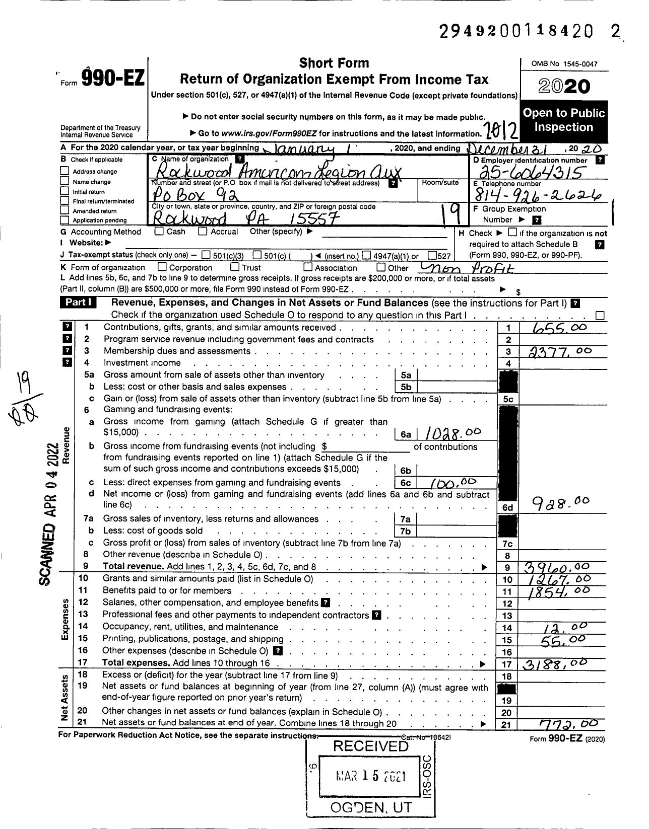 Image of first page of 2020 Form 990EO for American Legion Auxiliary - 279 Rockwood