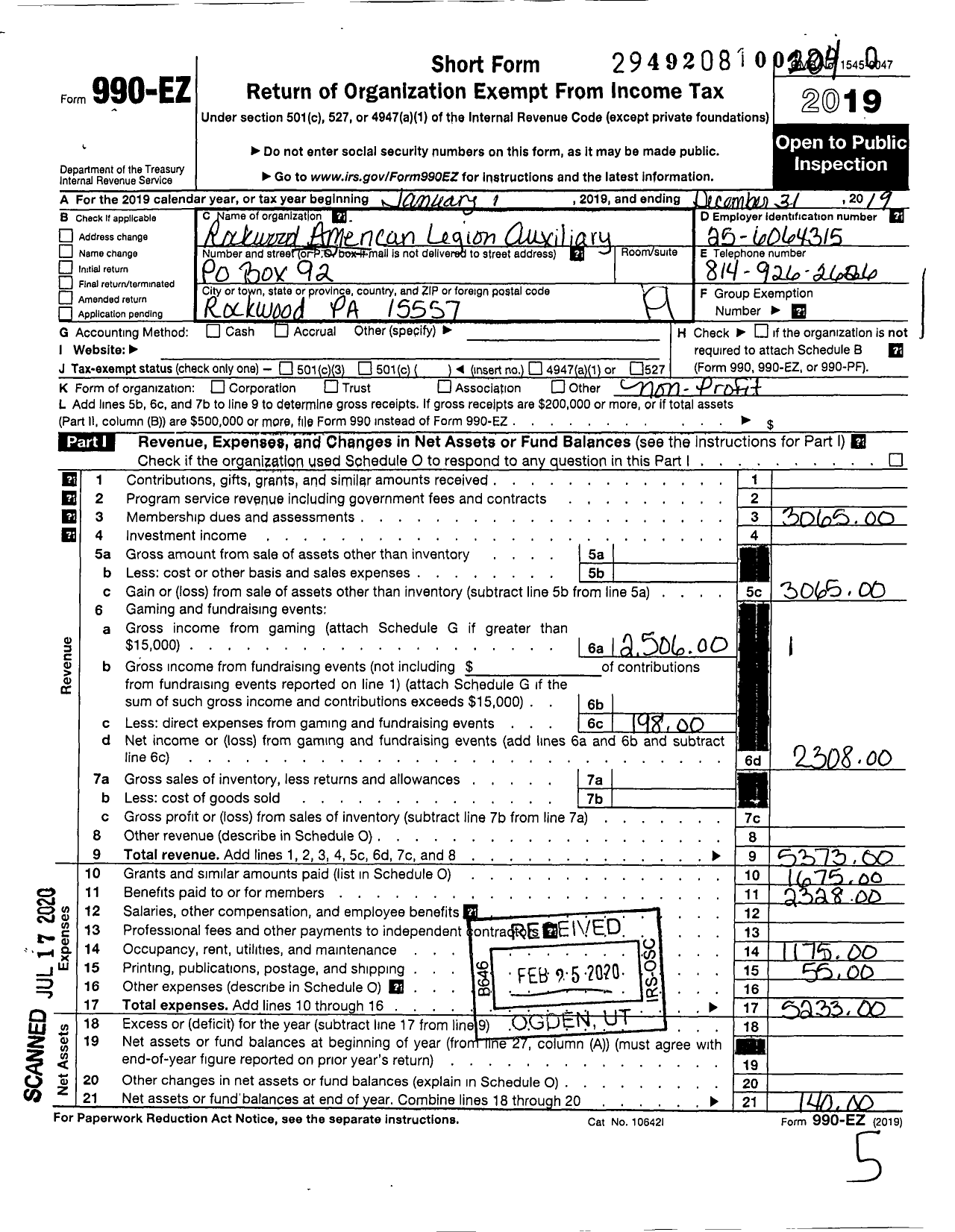 Image of first page of 2019 Form 990EO for American Legion Auxiliary - 279 Rockwood