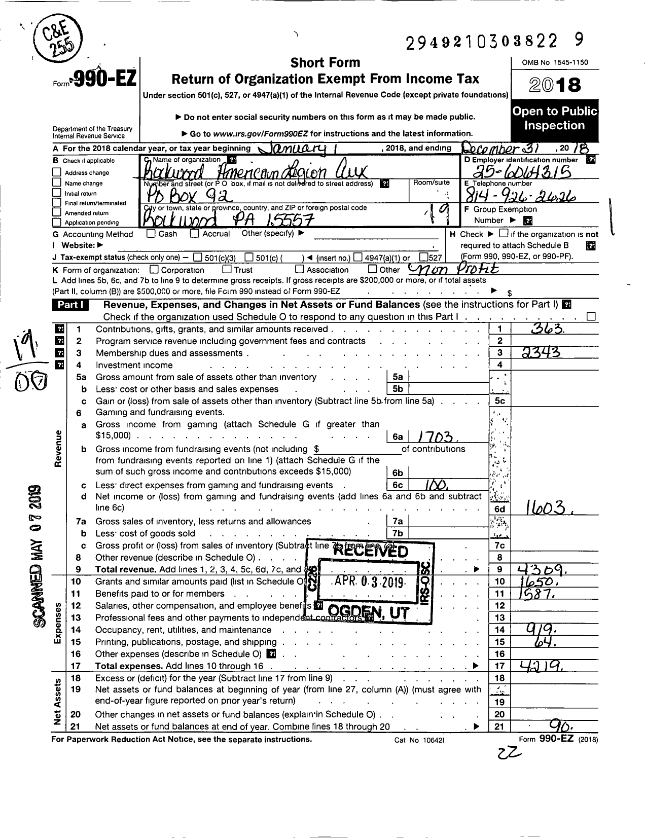 Image of first page of 2018 Form 990EO for American Legion Auxiliary - 279 Rockwood