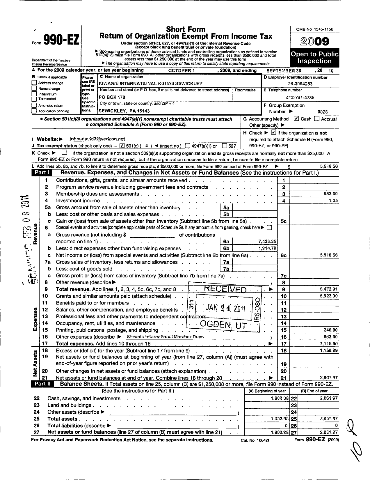 Image of first page of 2009 Form 990EO for Kiwanis International - K01574 Sewickley