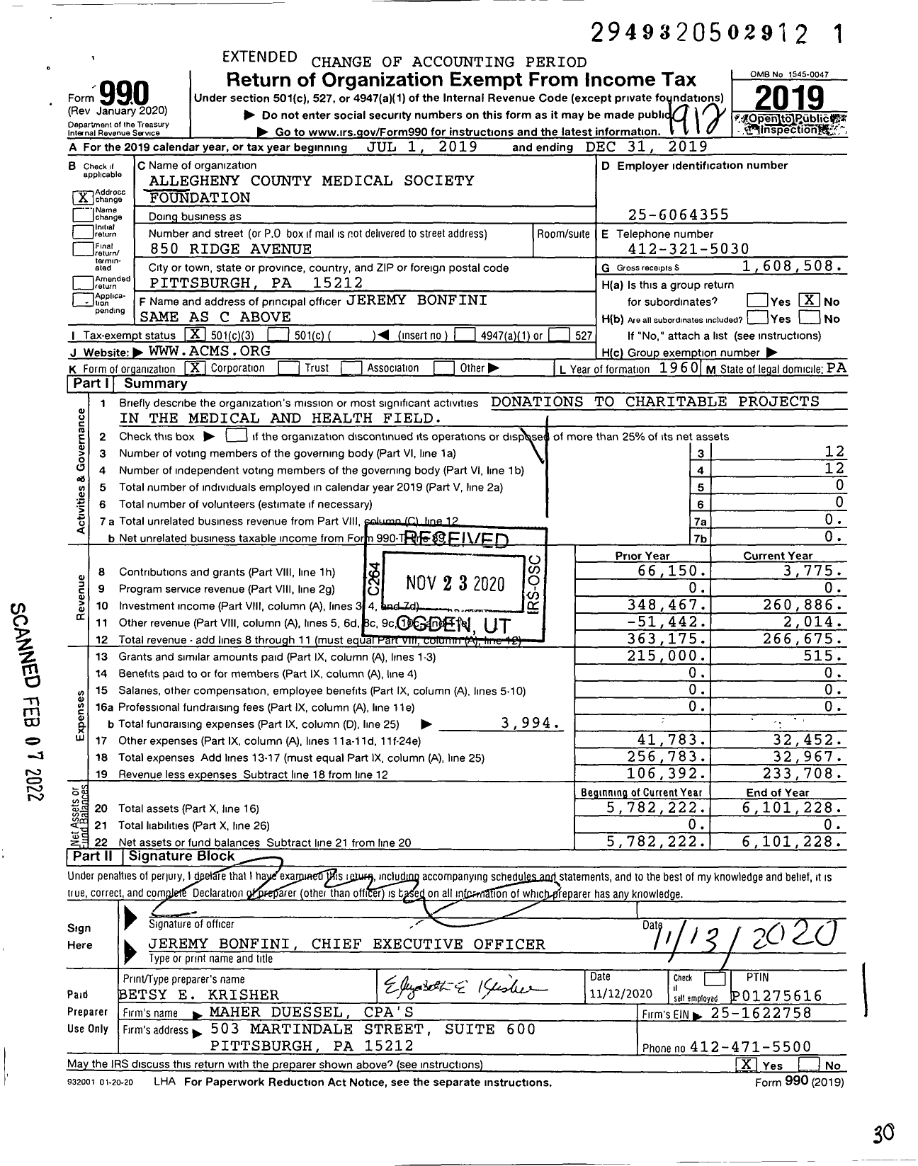 Image of first page of 2019 Form 990 for Allegheny County Medical Society Foundation