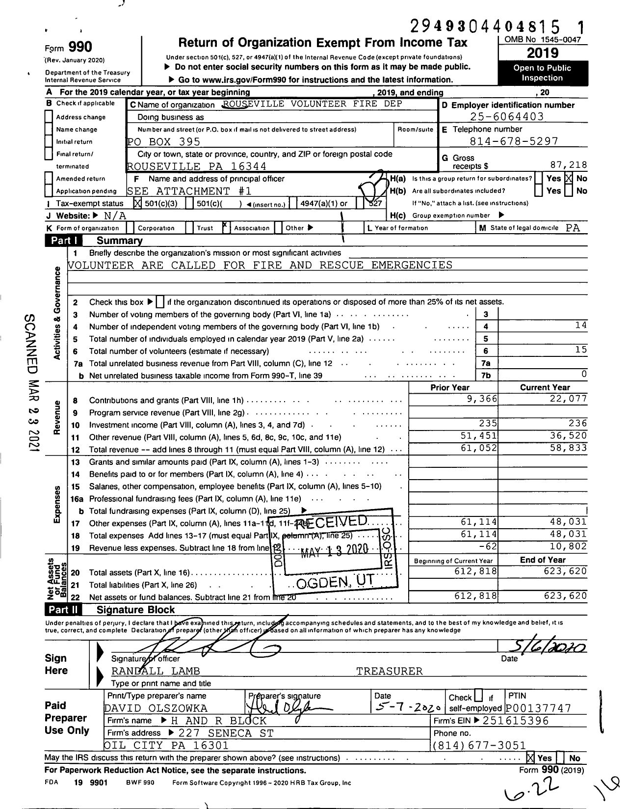 Image of first page of 2019 Form 990 for Rouseville Volunteer Fire Department