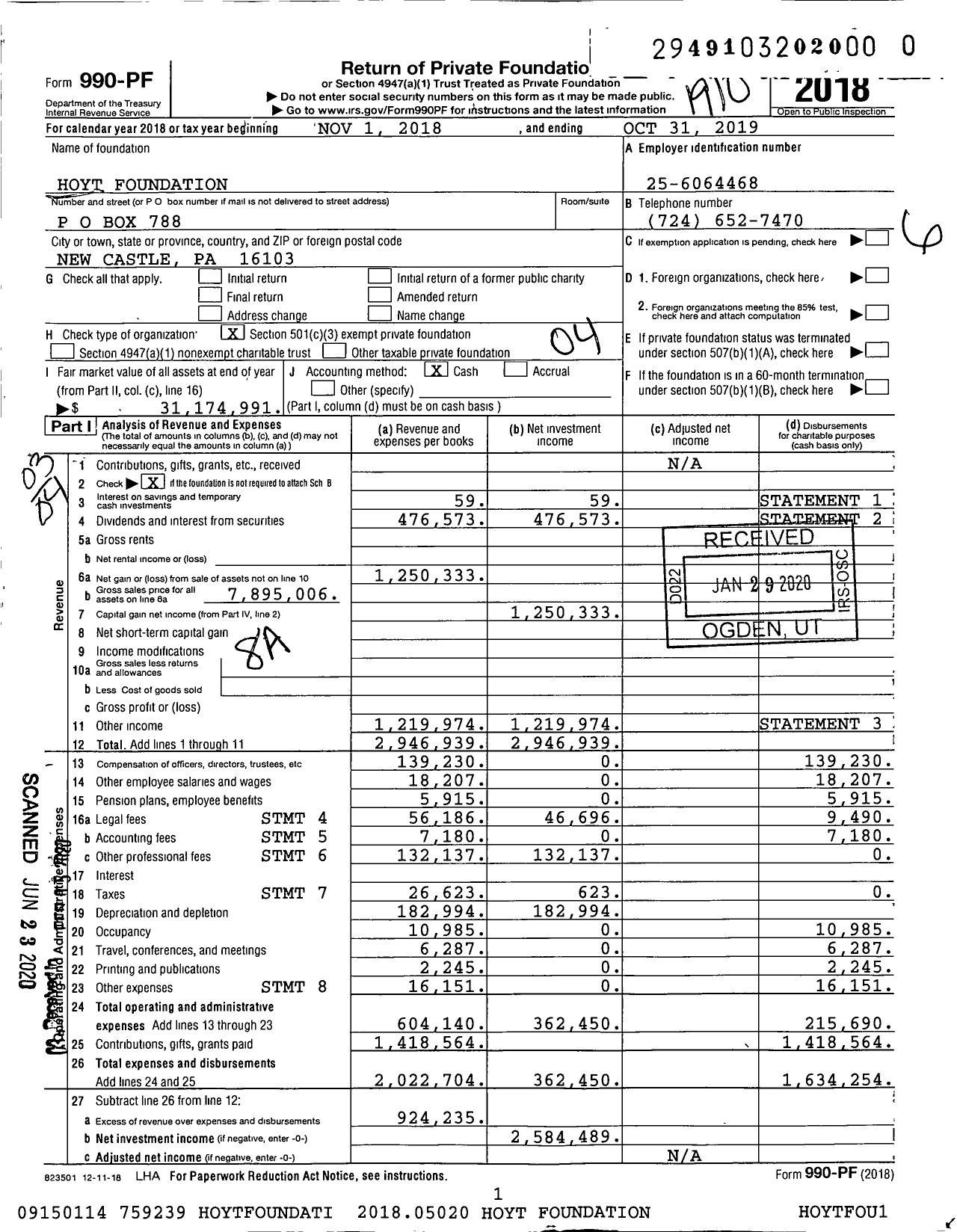 Image of first page of 2018 Form 990PR for Hoyt Foundation