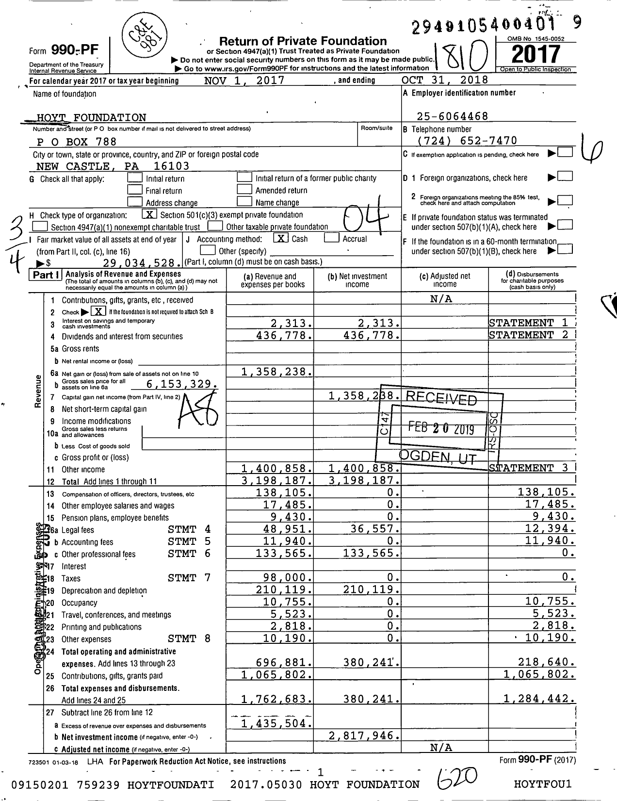 Image of first page of 2017 Form 990PF for Hoyt Foundation
