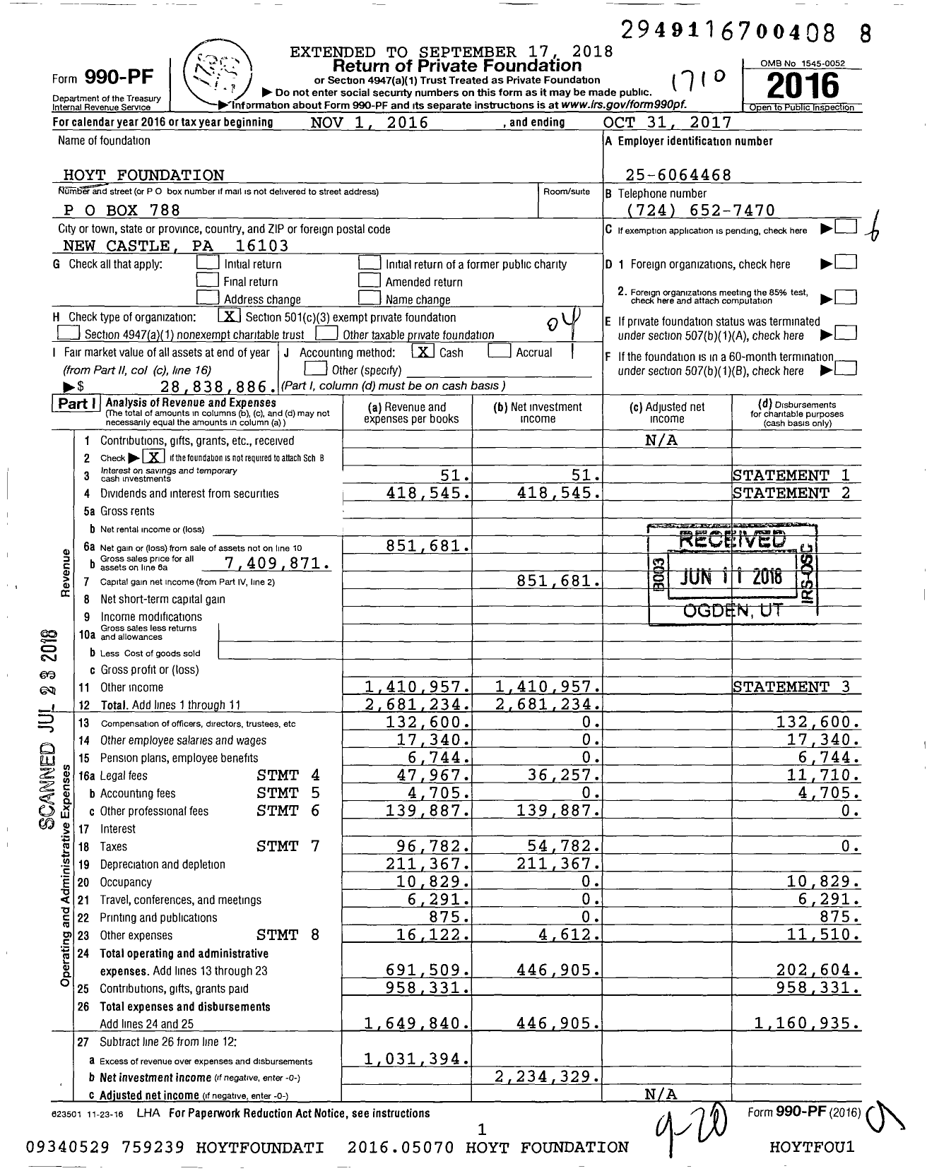 Image of first page of 2016 Form 990PF for Hoyt Foundation