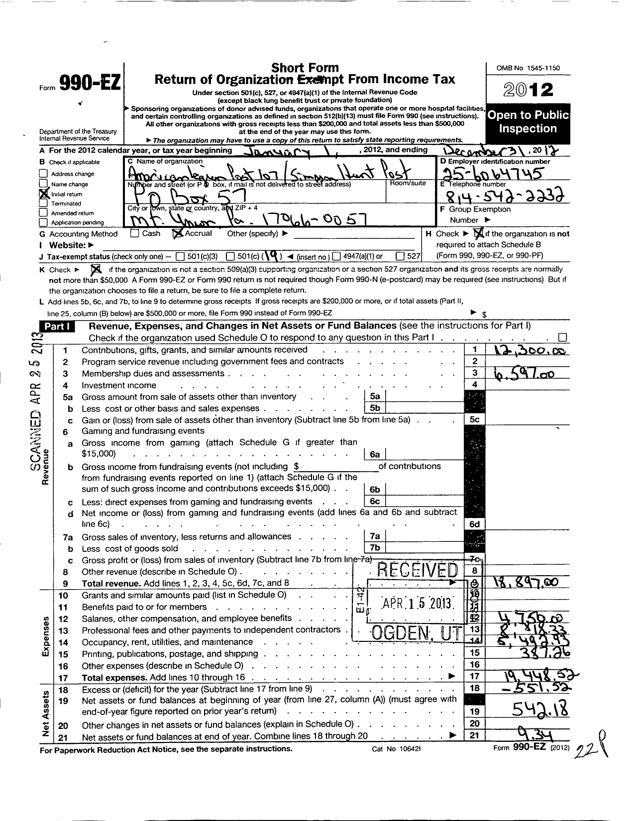 Image of first page of 2012 Form 990EO for American Legion Post 107 Simpson-Hunt Post